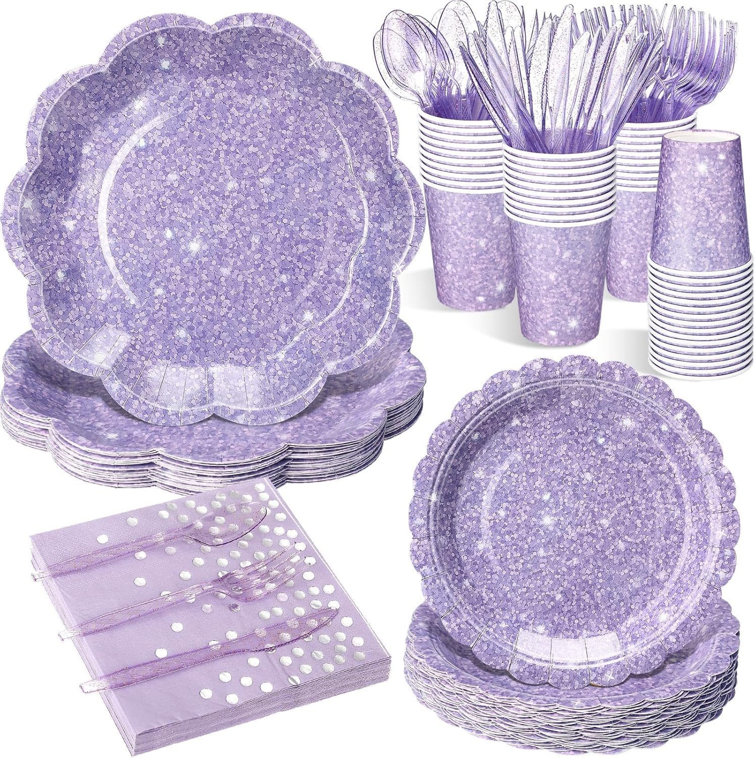 Hushee 175 Pcs Light Purple Holographic Print Party 25 Guests Disposable Dinnerware Set Include Paper Plates, Napkins, Paper Cups, Plastic Tableware for Birthday Party