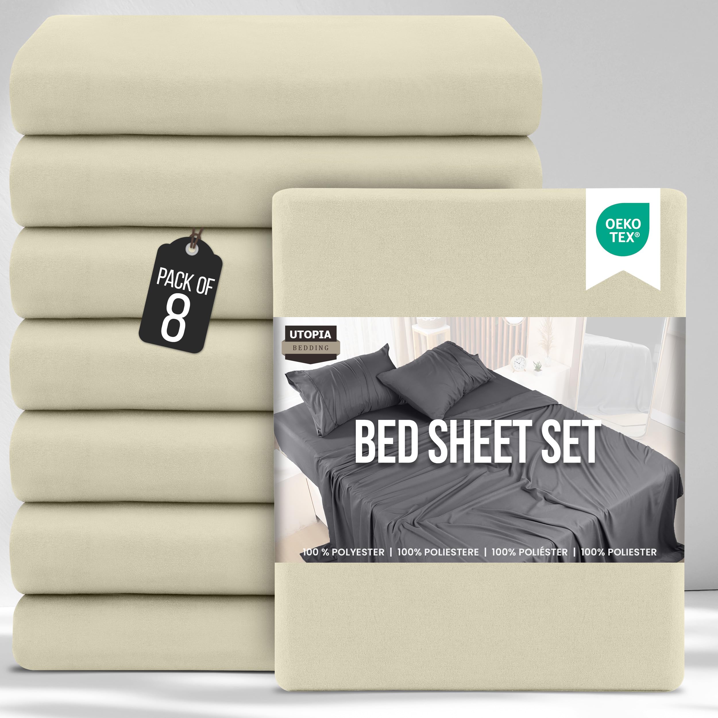 Utopia Bedding Bed Sheets Set Bulk Pack of 8 (Double, Ivory) – Fitted Sheet, Flat Sheet with Pillow cases 50x75 – Wrinkle, Shrinkage & Fade Resistant – Soft Brushed Polyester Microfiber Fabric