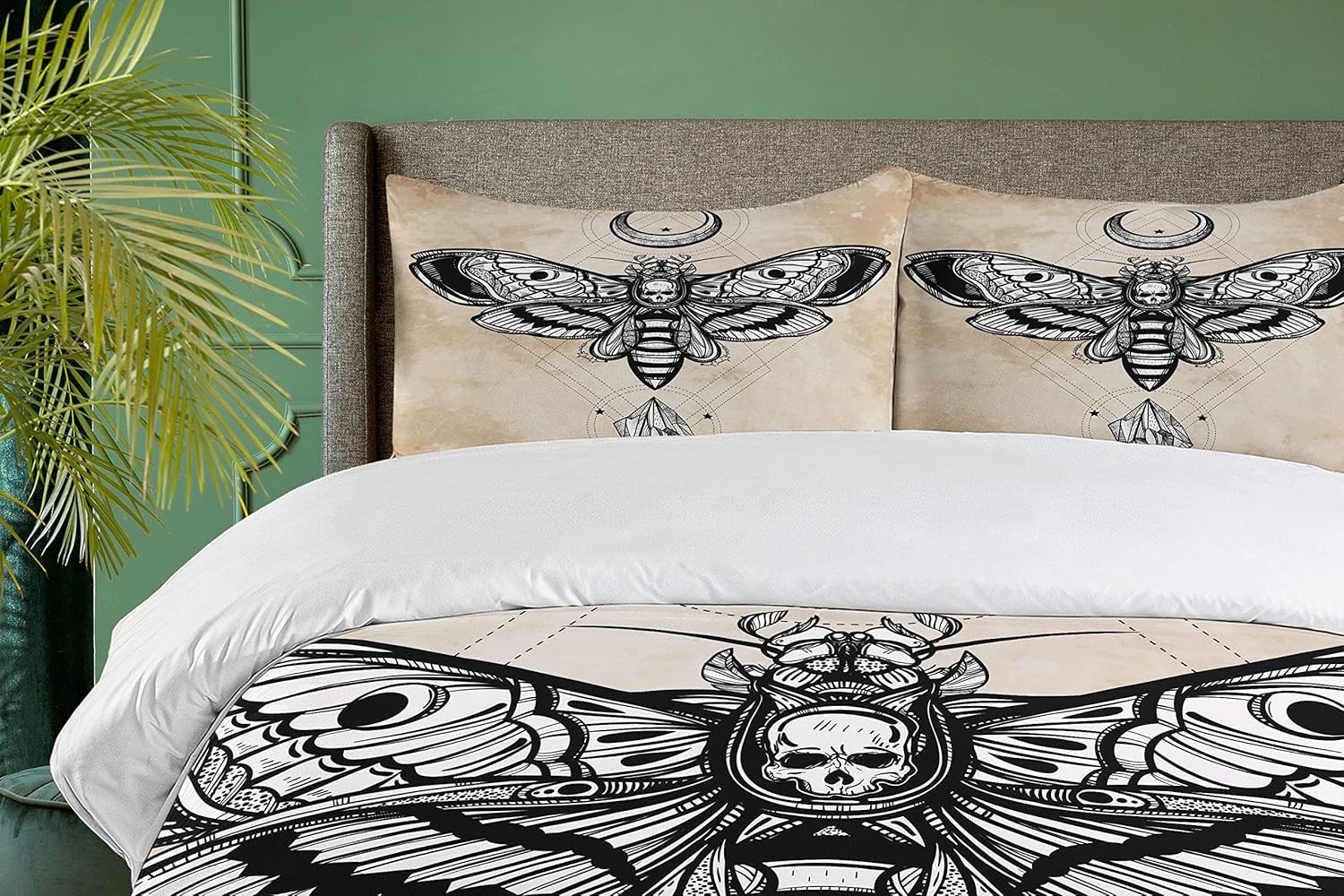 Ambesonne Fantasy Duvet Cover Set, Dead Head Hawk Moth Luna and Stone Magic Skull Illustration, Decorative 3 Piece Bedding Set with 2 Pillow Shams, King Size, Black Beige King Black Beige