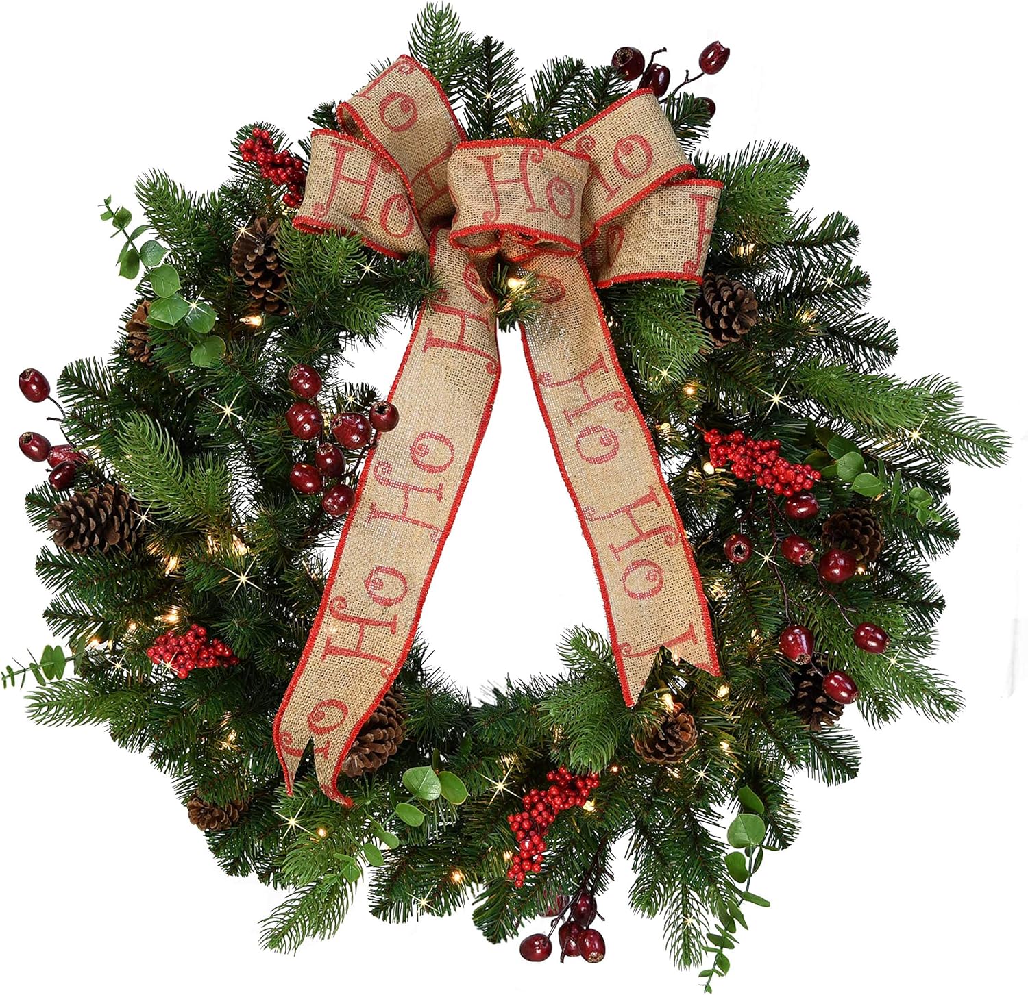 Puleo International 30 inch Pre-Lit Decorated Wreath with Bow, Berries, Mixed Green, and 70 Clear Lights