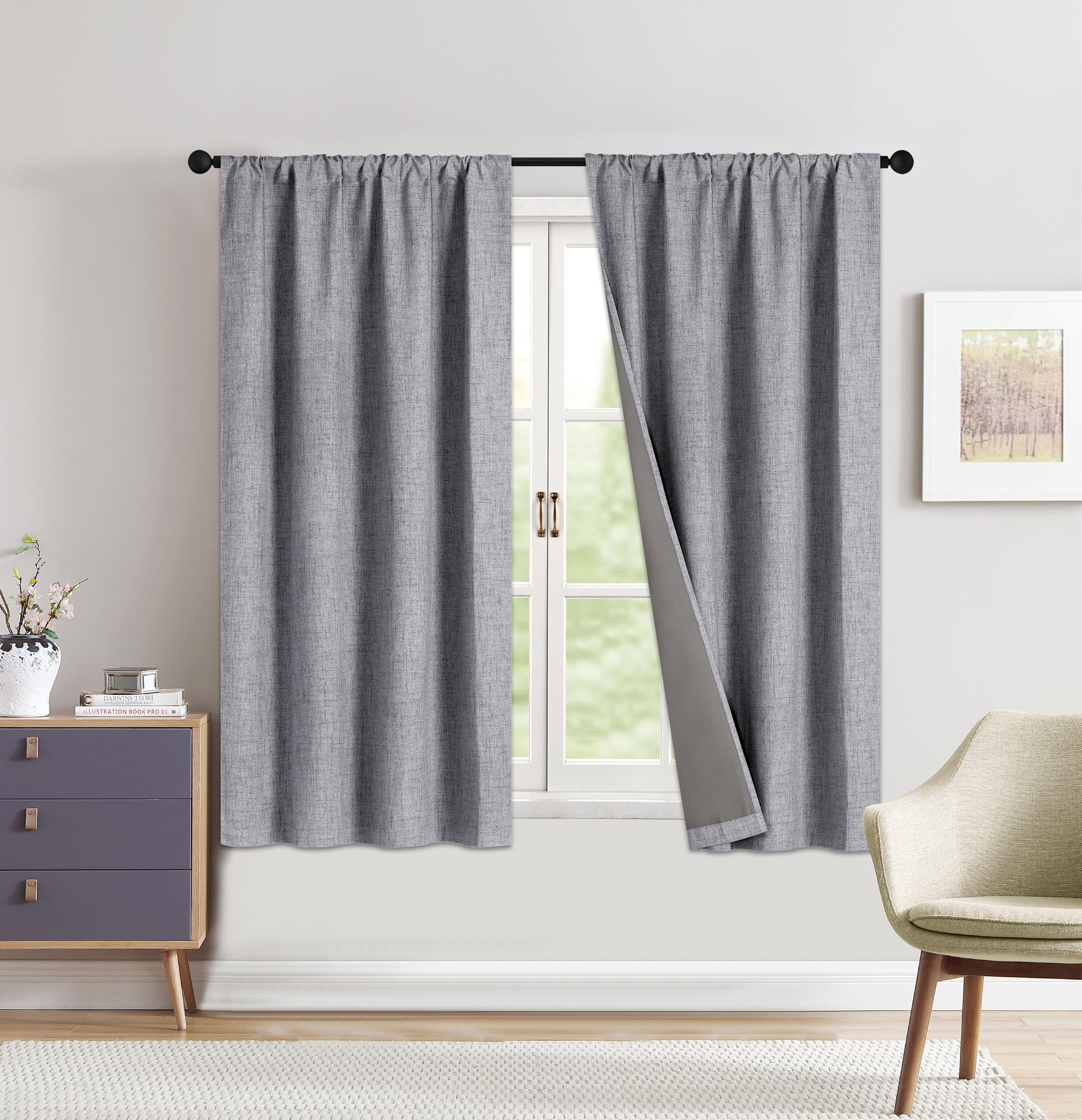Home Beyond & HB design - Linen Look 100% Blackout Curtain Set 2 Panels - Thermal Insulated Room Window Curtains for Living Room Bedroom - (37 by 63 Inches, Grey)