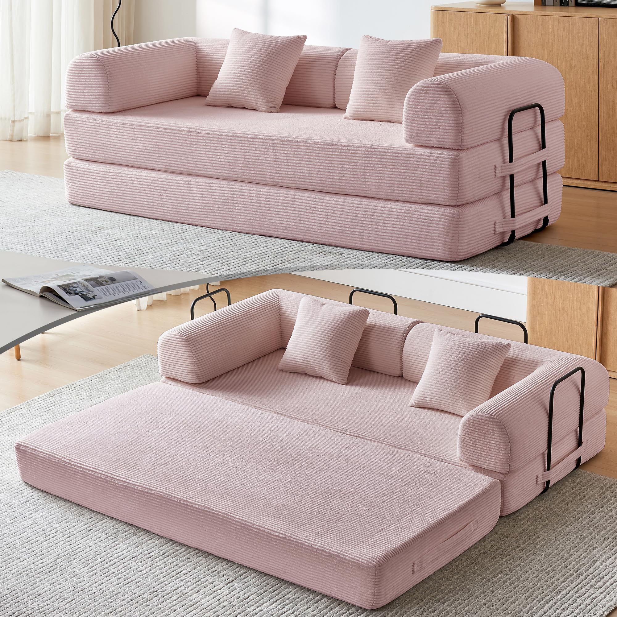 Compression Sofa, Cloud Sectional Sofa,Sofa Bed, Boneless Modular Sectional Sofa with 2 Pillow, Comfy Fluffy Couch with Futon Bed, Perfect for Living Room, Small Space (Pink)