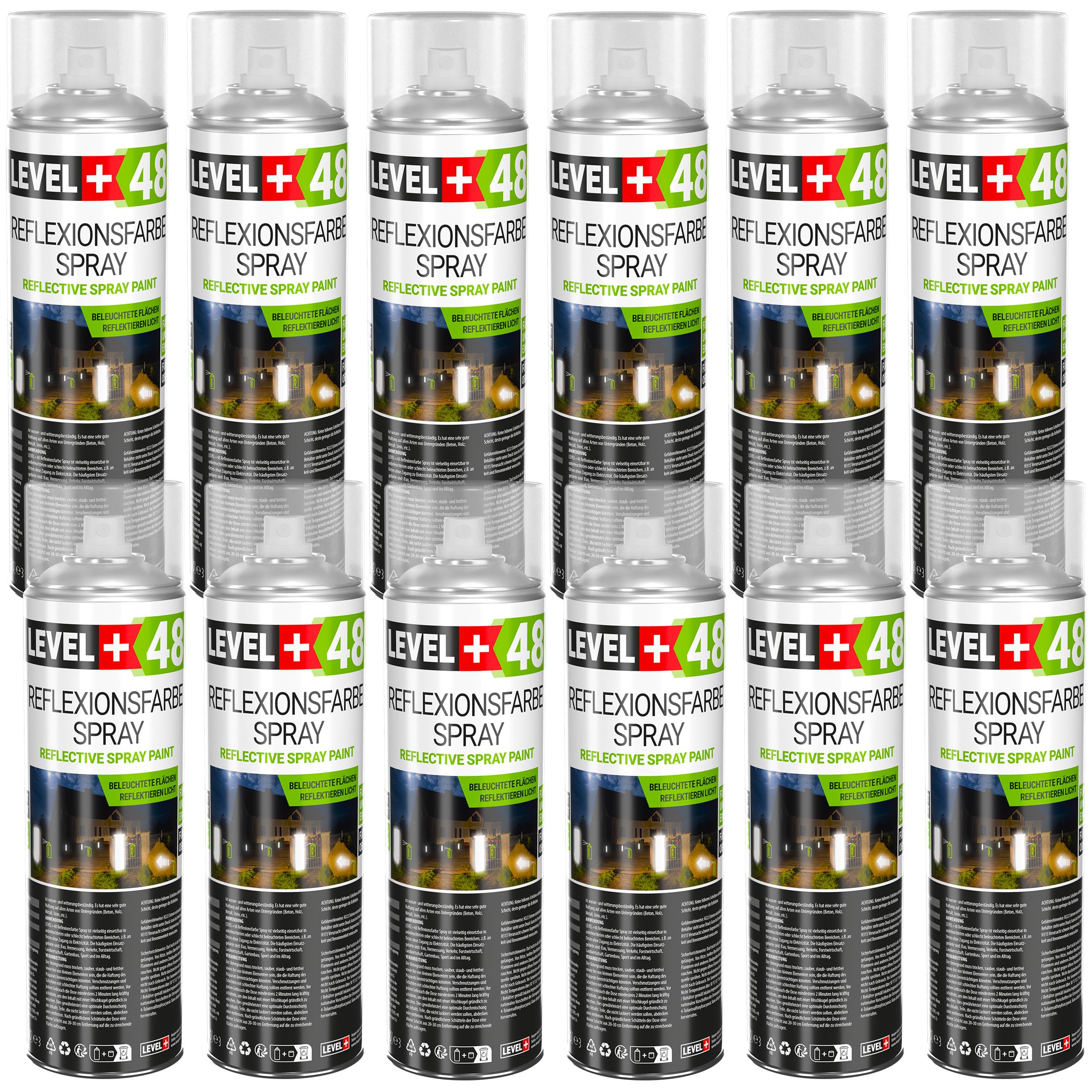 Level+48 - Spray riflettente, 12 x 500 ml | Vernice spray fosforescente al buio e a infrarossi, ad alta visibilità, sicurezza, sport, traffico, marcatura spray