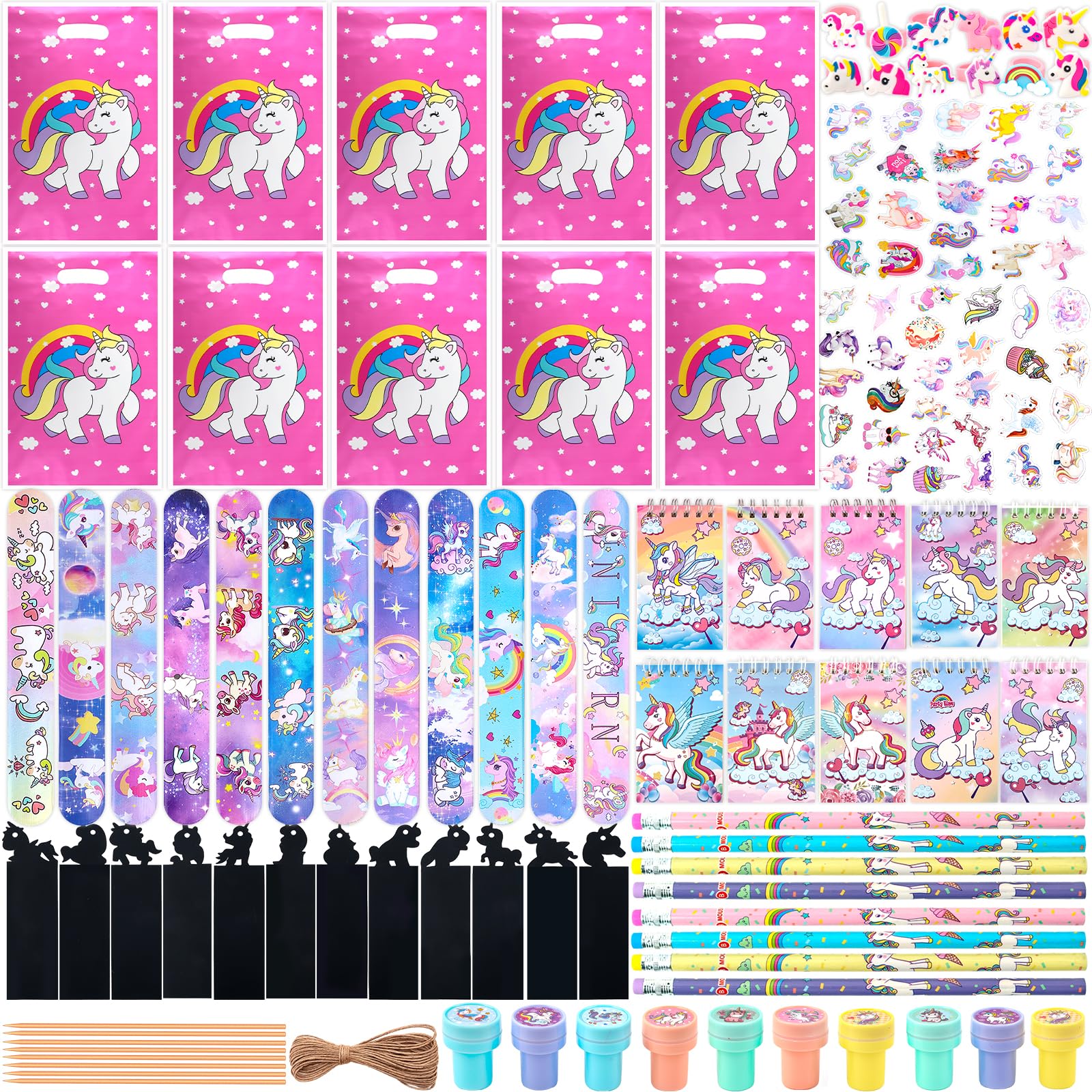 Unicorn Party Bag Fillers for Kids - 148PCS Party Favours with PE Bags Slap Bracelets Notebook Stickers Pencils Rings, Give Away Girls for Pinata Fillers Birthday Toys Favours Class Rewards