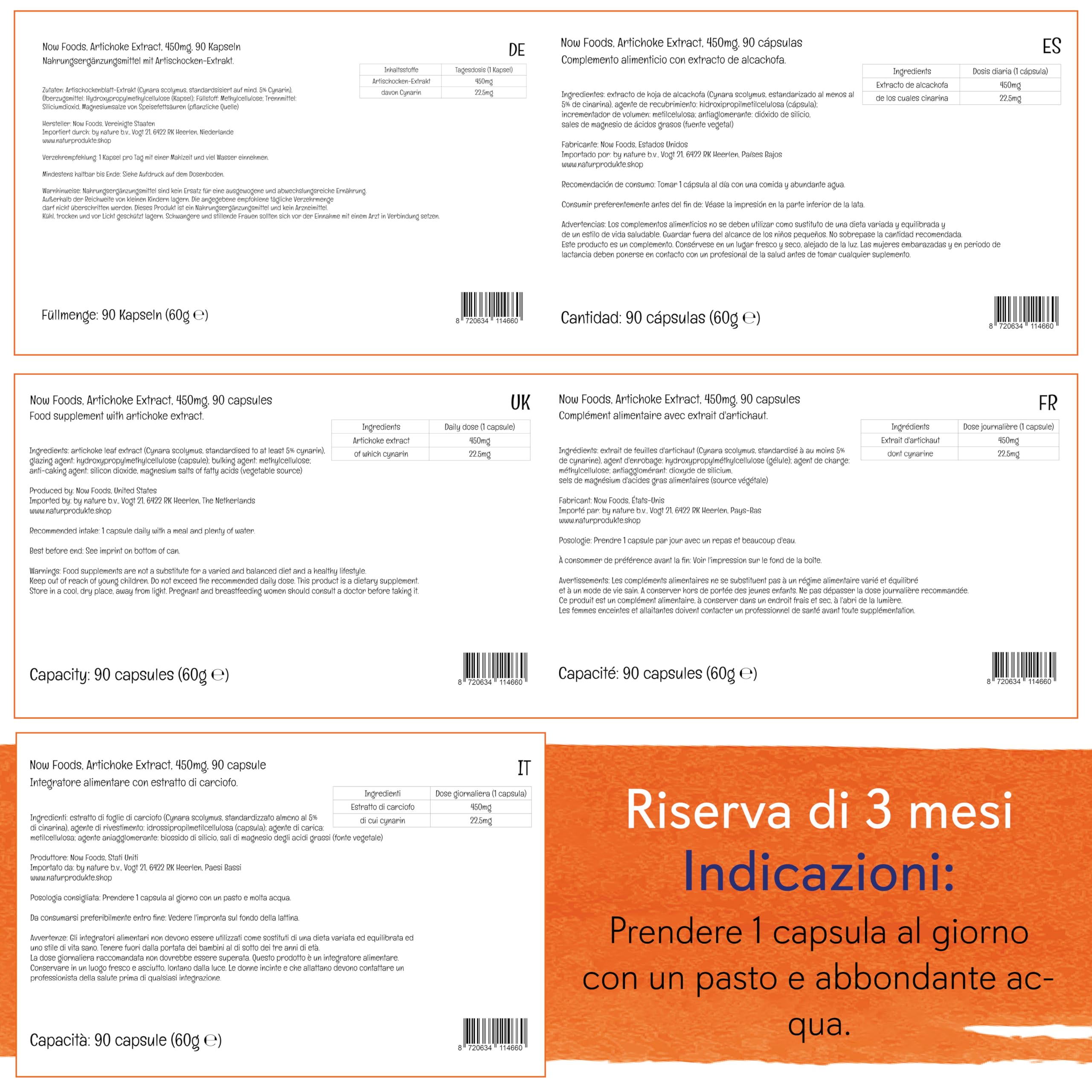 Now Foods, Artichoke Extract (Estratto di Carciofo), 450mg, Standardizzato in Cinarina, 90 Capsule vegane, Testato in Laboratorio, Senza Soia, Senza Glutine, Vegetariano, non OGM