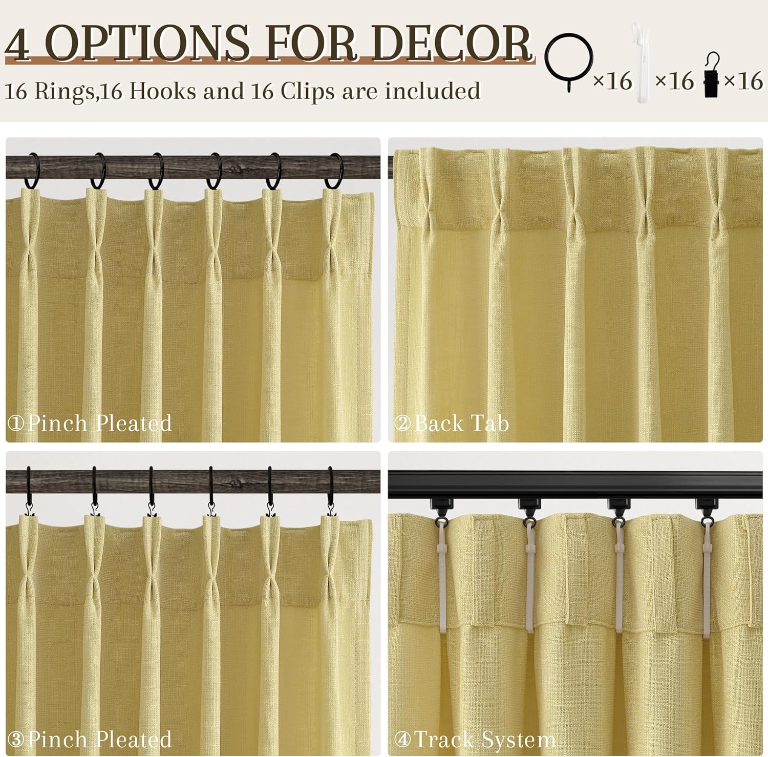 Yellow Linen Pinch Pleated Curtains 84 Inches Long 2 Panels for Living Room Bedroom Farmhouse Autumn Fall Boho Back Tab Thick Semi Sheer Light Filtering Privacy Window Drapes Clip Rings Hooks 40x84