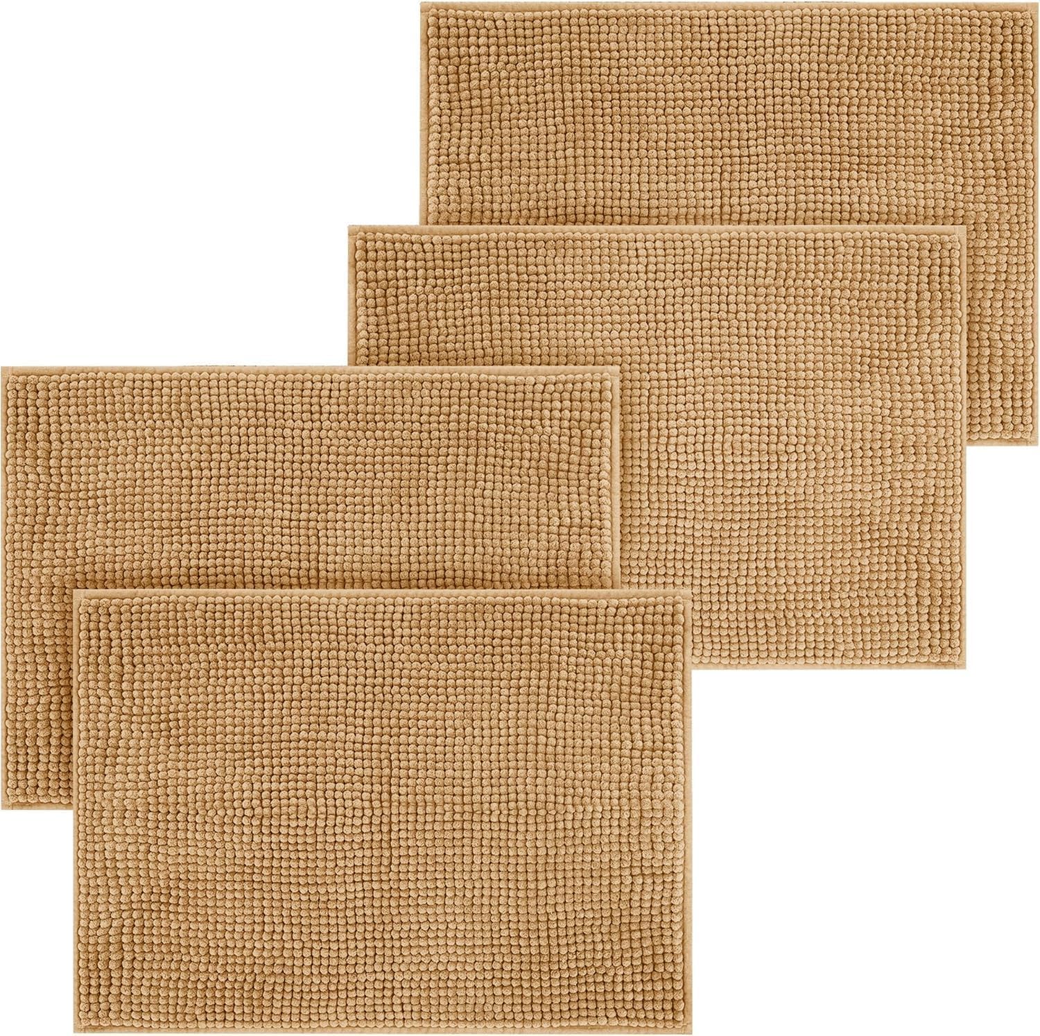 Hafaa Beige Bath Mat Non Slip Anti Mould – (4 Pack) 50x80 cm Chenille Bathroom Mat