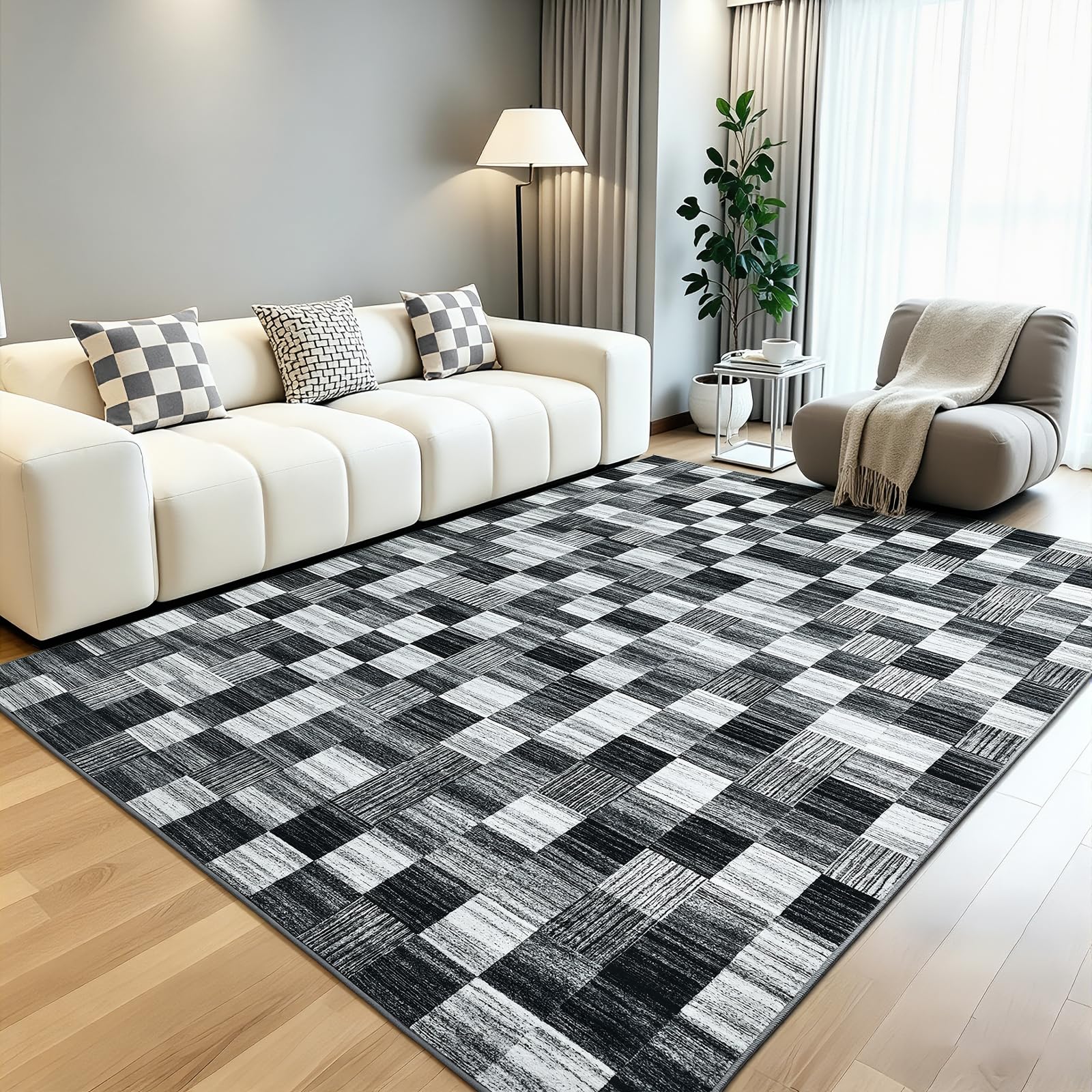 Terrug Black and White Checkered Rug for Living Room, 5x7 Soft Area Rugs