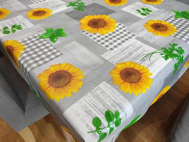 Karina Home Grey and Yellow Sunflower Wipe Clean Tablecloth Vinyl PVC Table Cover Wipeable Table Cloth (Grey, 200cm x 140cm)