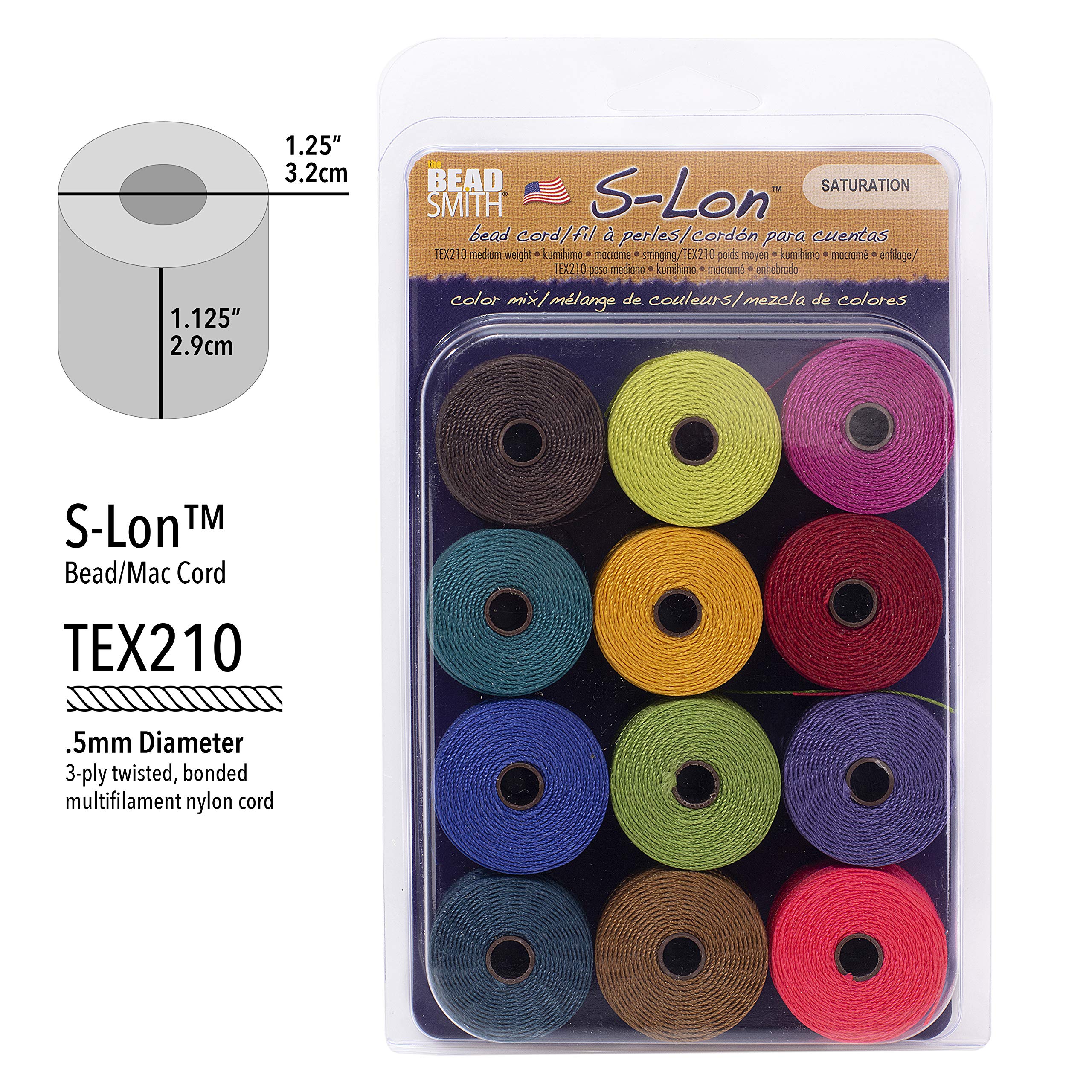 The Beadsmith S-Lon Perlenschnur, 0,5 mm gedrehte Nylonschnur zum Auffädeln, 12 Stück, Sättigungsmischung, TEX210, 70 Meter pro Spule