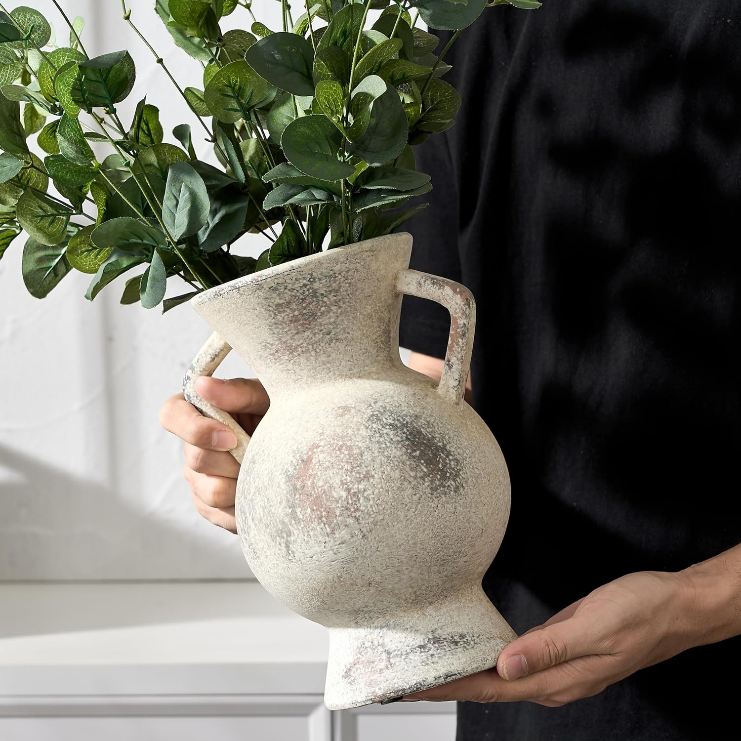 LUKA Antique Ceramic Vase with 2 Handle,9.25 inches Rustic Vase Minimalist Decor, Decorative Vases for Home Decor, Table, Living Room, Shelf, Christmas Decoration(Large,Gray) - Image 5