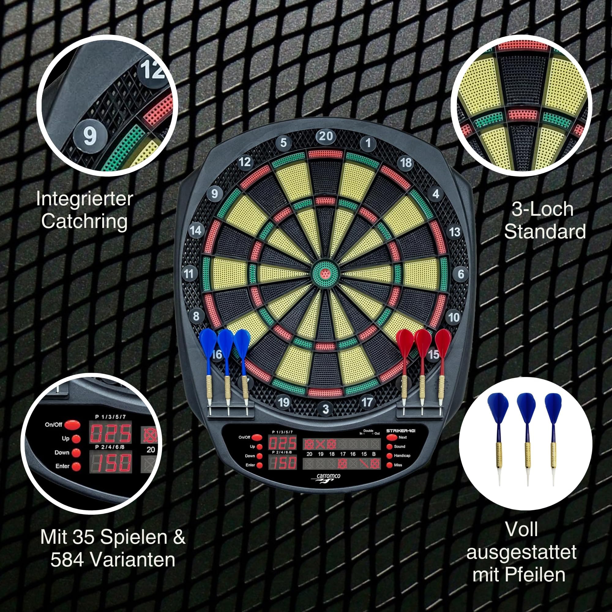 Carromco STRIKER-401 E-Dartscheibe | 3-Loch Abstand für 1-8 Spieler