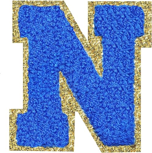 Miniatura 48 de Parches de letras termo-adhesivas de felpilla para chaquetas, parches de letras universitarias con brillantina para planchar en la letra azul A