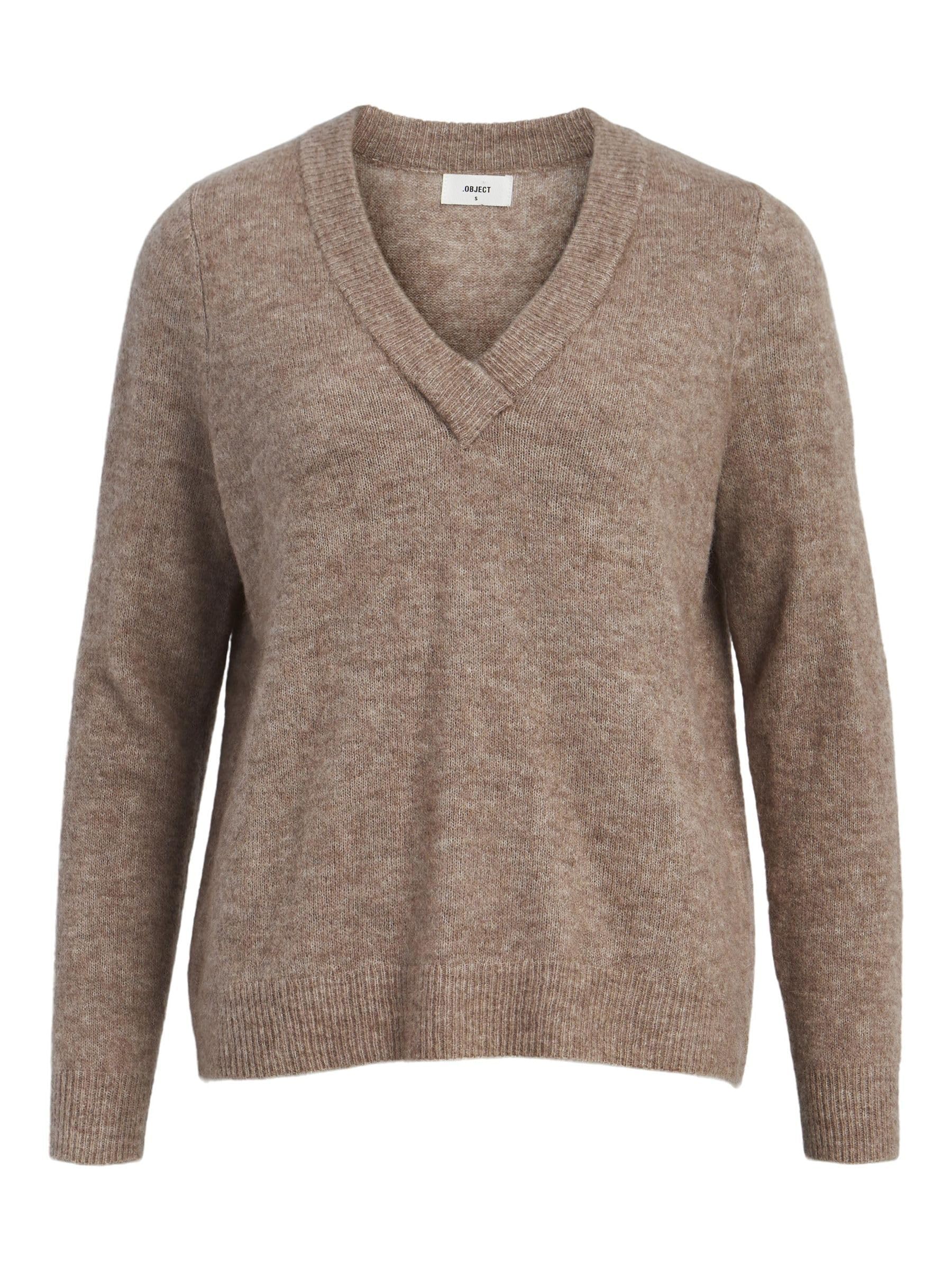 Object Women's OBJELLIE L/S V-Neck Pullover NOOS Knitted Jumper, Fossil/Detail: Melange, S, Fossil/Detail: Melange, S