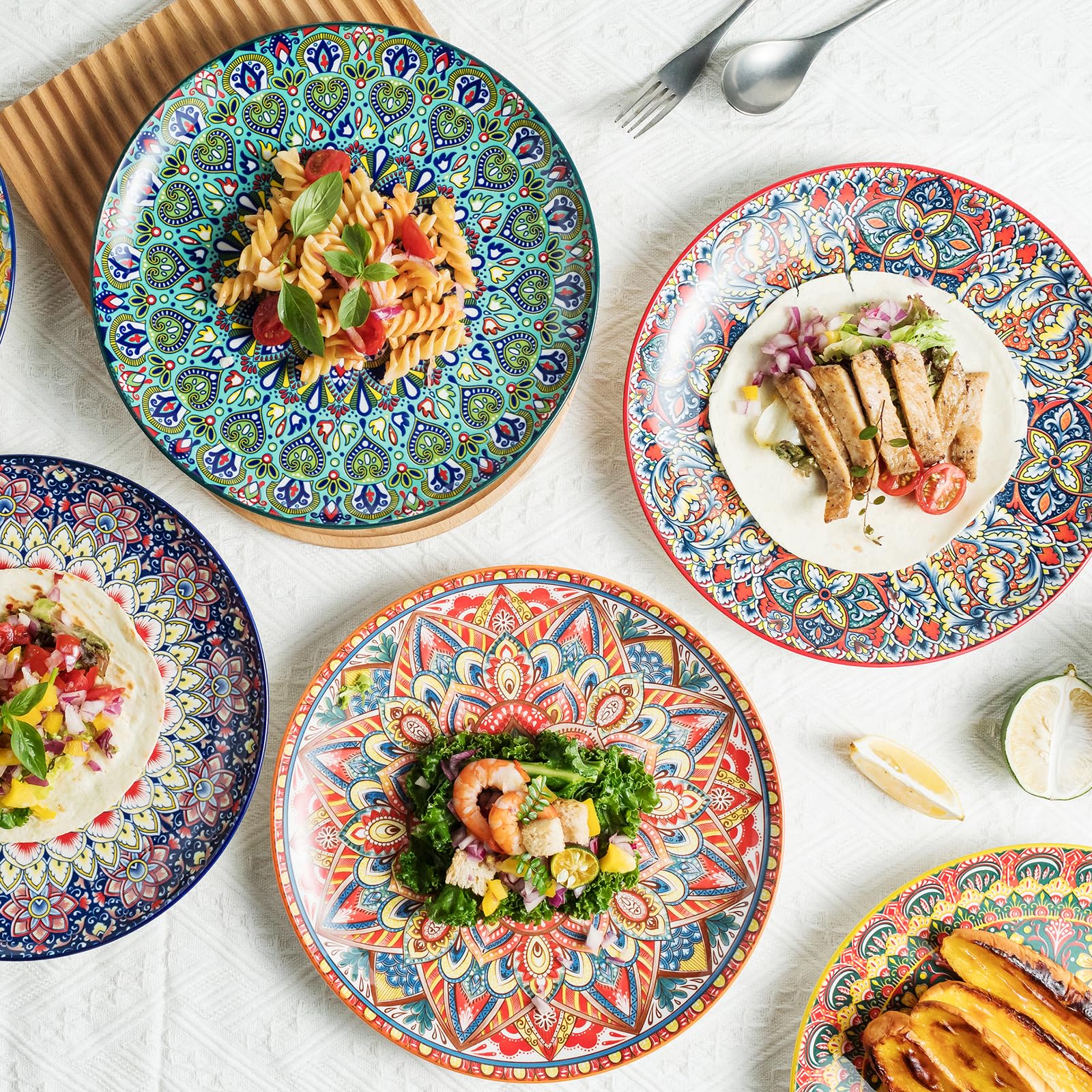 Juego de 6 platos llanos, platos grandes de ensalada de postre de 10.5 pulgadas para pasta, filetes, aperitivos, platos de porcelana colorida para servir cocina y fiesta, vajilla moderna -