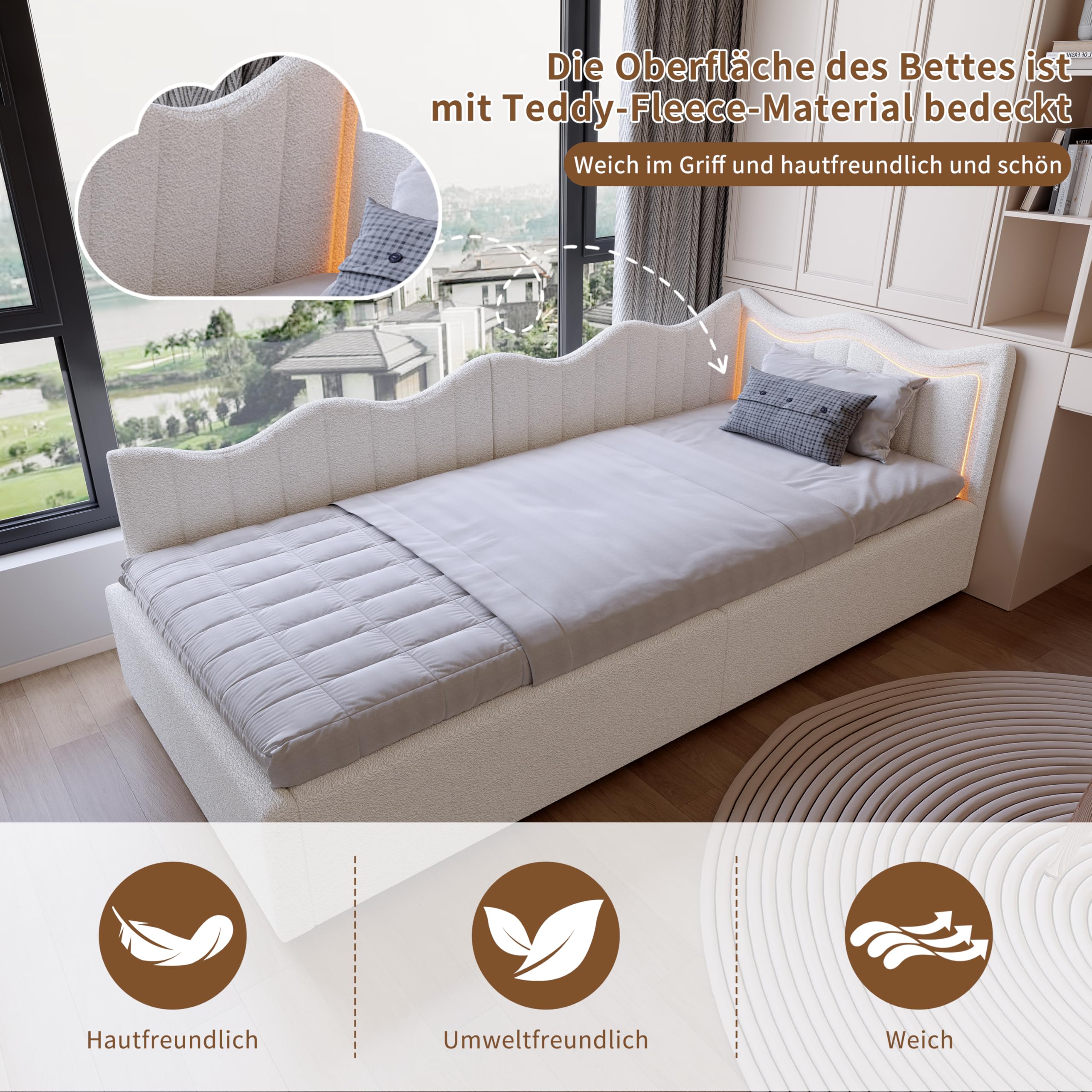 Polsterbett 90x200 mit Stauraum und LED-Beleuchtung, Einzelbett mit Wellenförmigem Kopfteil, Teddy-Fleece Jugendbett mit Lattenrost & Gasdruckfeder für Mädchen & Jungen, Weiß
