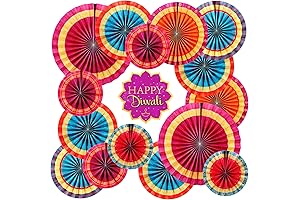 17 Pieces Happy Diwali Hanging Paper Fan Decorating Deepavali Themed Round Pattern...