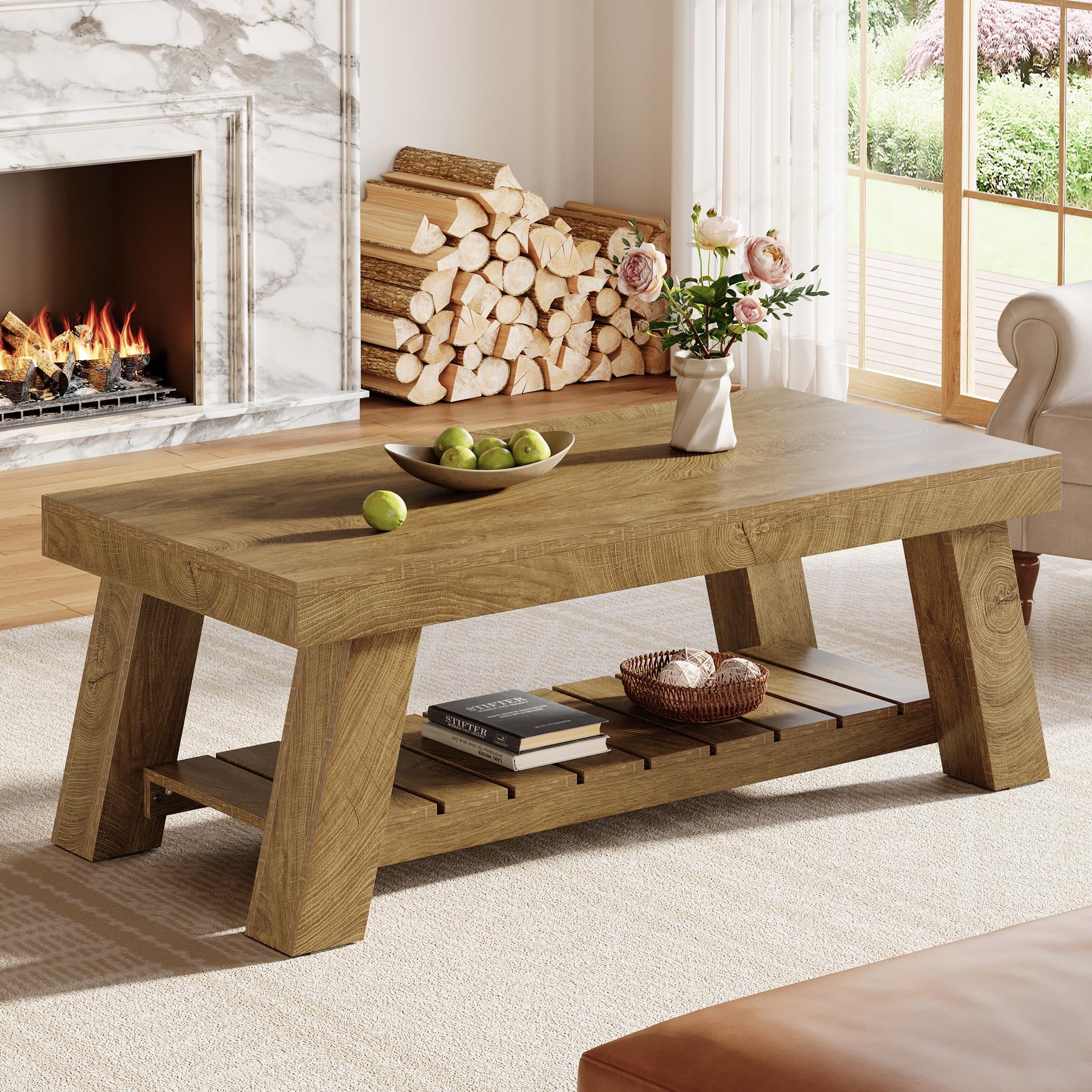 Tribesigns Mesa de Centro Rectangular, 120 cm Mesa Salon de Madera, Mesita de Café de Acento Rústica de 2 Niveles para Apartamento, Hogar