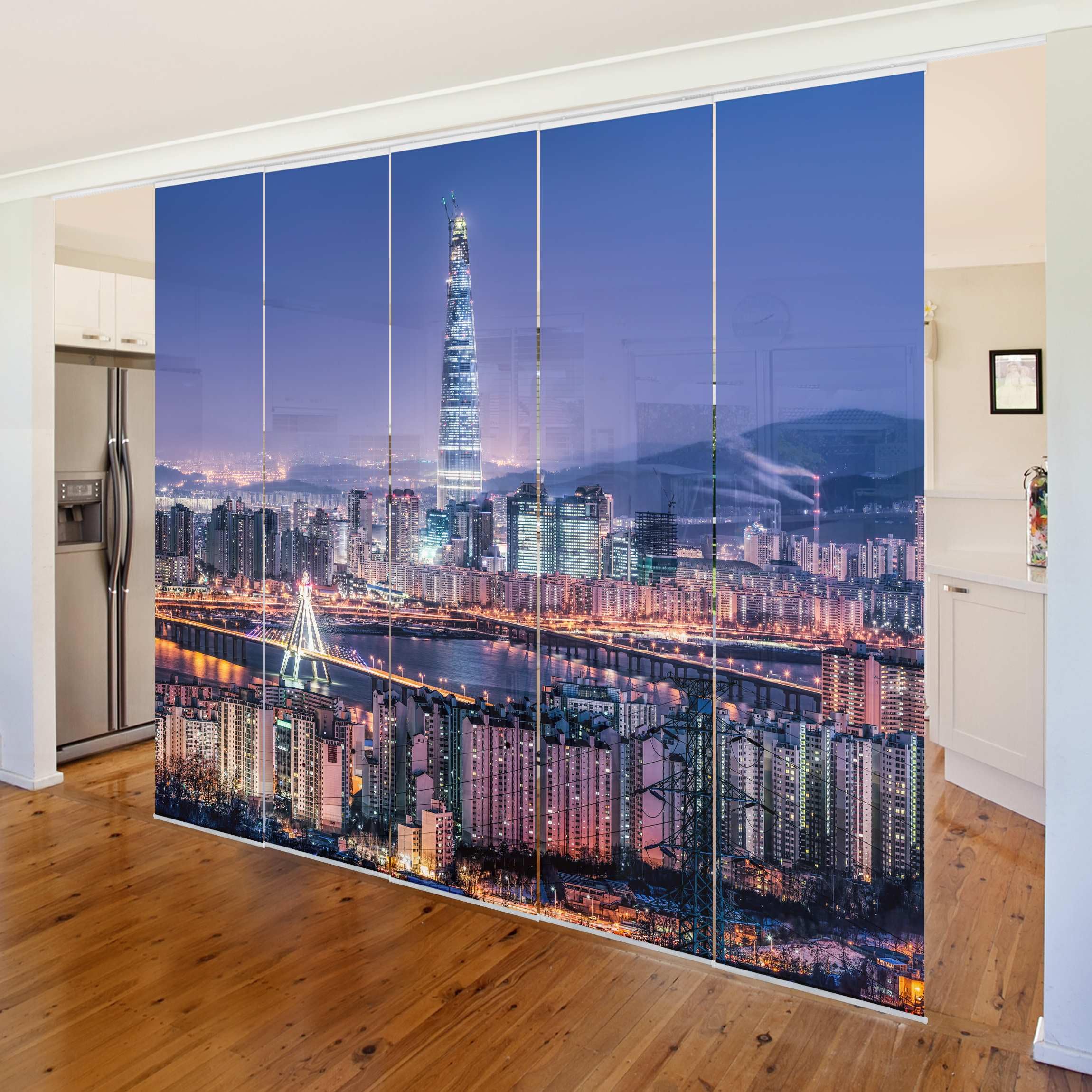 Schiebegardine halbtransparent 60er Paneel Klett Weltall Textil lichtdurchlässig - Asien Modern Flächenvorhang blau Wohnzimmer Schlafzimmer 2572 (300x250 cm - 5er Set)