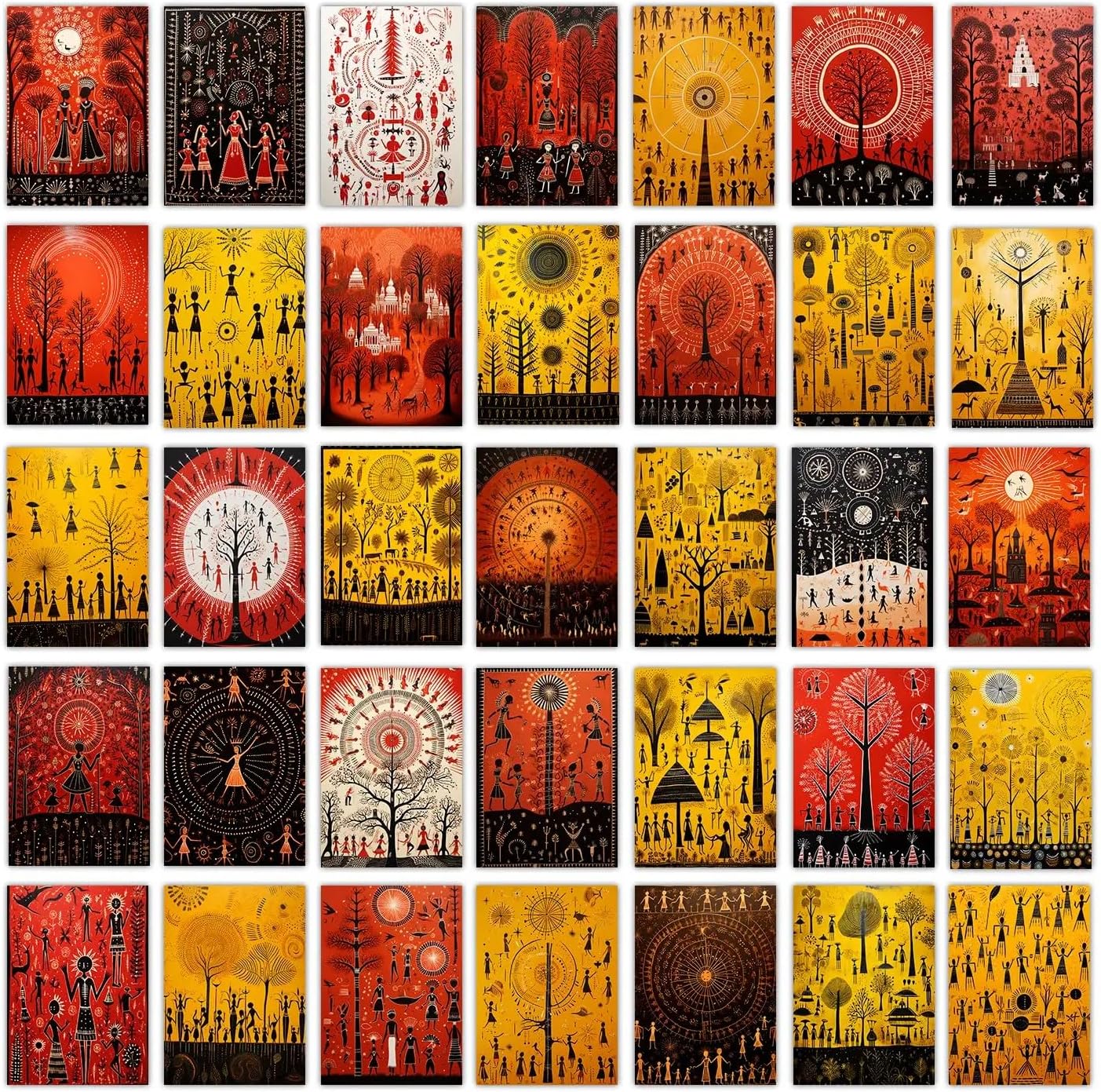 Wallgasm Warli Painting Set - 54 Traditional Indian Posters, 4 x 6 Inches, Aesthetic Wall Decor for Bedroom, Living Room, Office