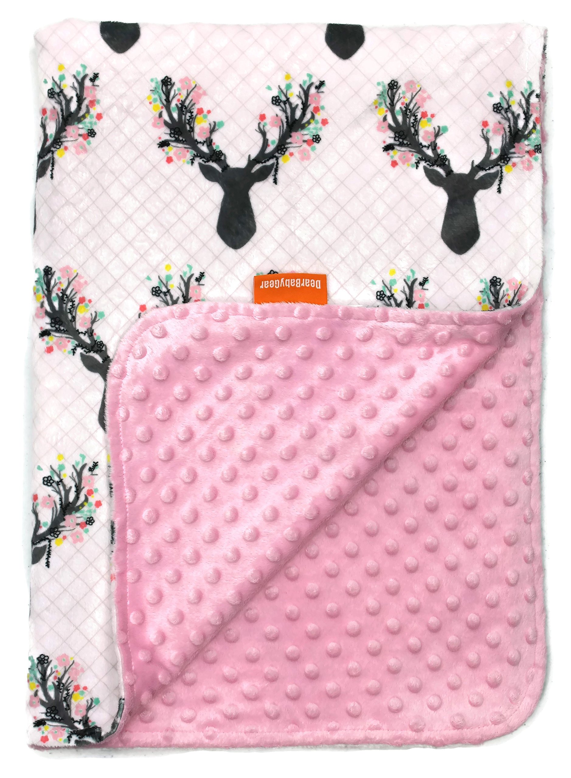 Dear Baby Gear Luksusowe koce dziecięce, niestandardowe kwiaty poroża z nadrukiem Minky Róże Kwiaty, Różowe Minky Dot