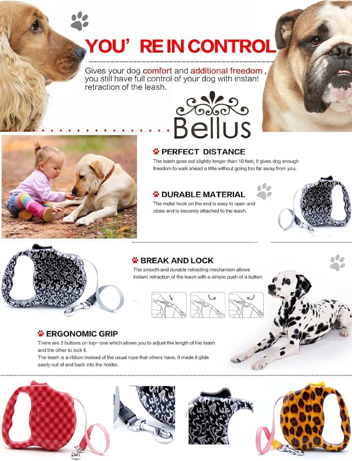 Bellus 10FT Retractable Dog Leash, Animal Print Great For Small Dogs Up To 30lbs