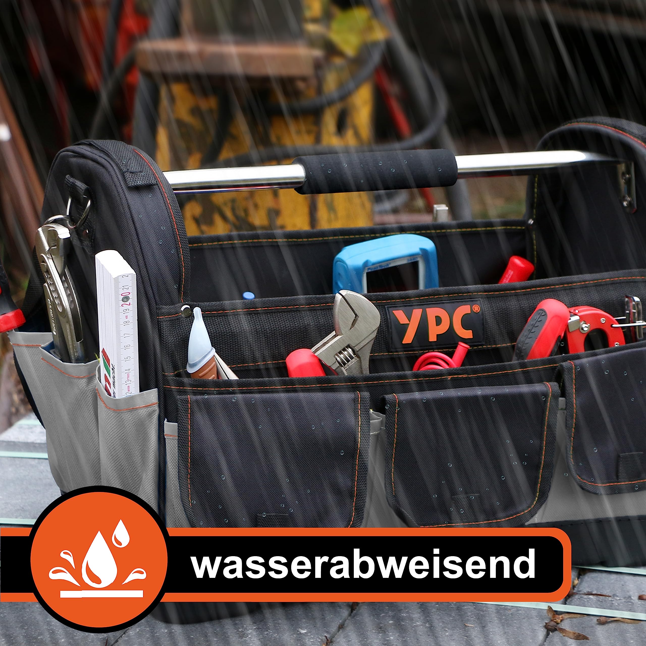 YPC Pioneer Werkzeugkorb XXL – Profi tragbare Werkzeugtasche mit stabilem Boden, Wasserfest, Reißfest, Schultergurt mit Polster & Metall-Handgriff, Grau-Schwarz, 45x35x23cm – 20 kg Tragkraft