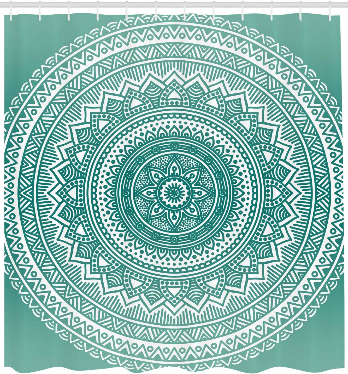 Ambesonne Teal Ombre Shower Curtain, Mandala Pattern Boho Style Floral Dots and Stripes with Petals Print, Cloth Fabric Bathroom Decor Set with Hooks, 69" W x 70" L, Teal and White