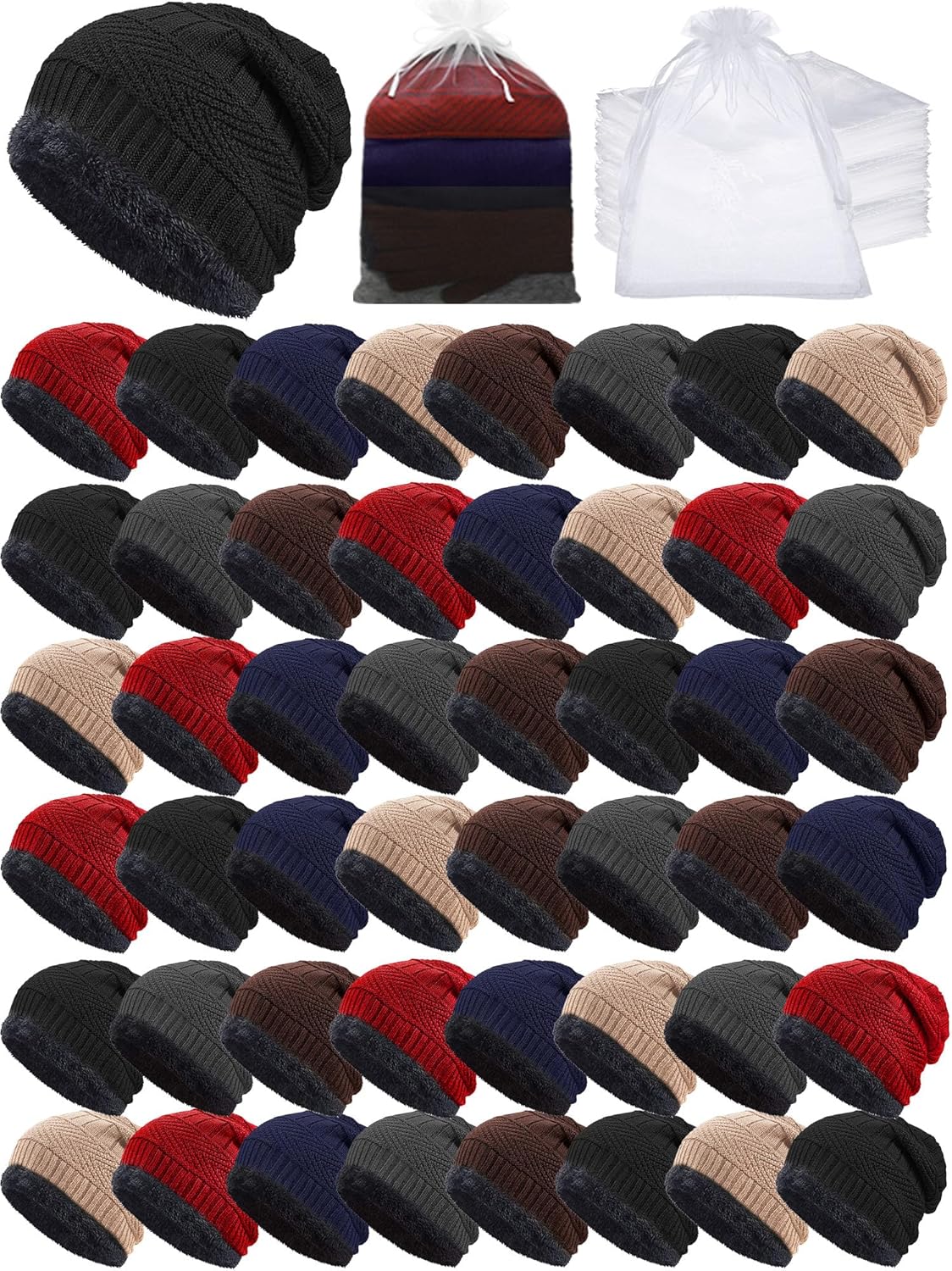96 Pcs Kids Knitted Hat Bulks with Organza Bags Winter Beanie for Boys Girls Warm Skull Cap Lined Hats for Children