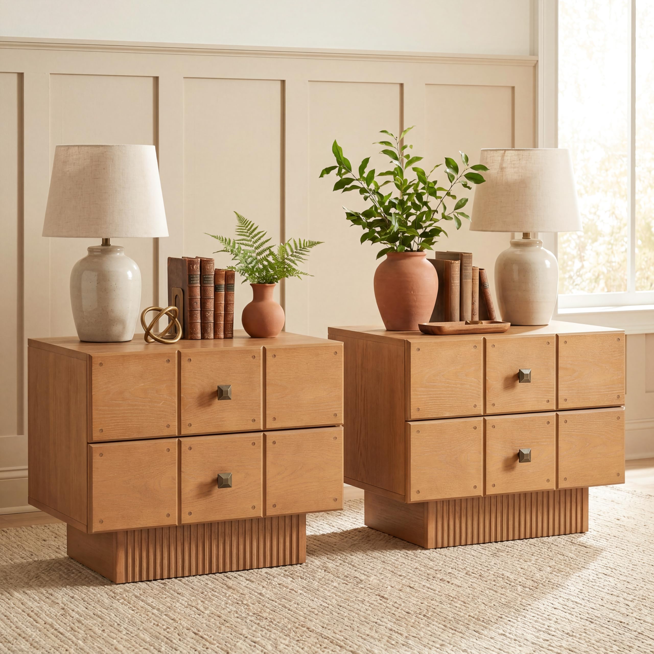 View 1 of ****INCOMPLETE SET ( ONLY 1 NIGHTSTAND) / ONLY BOX 1 OUT OF 2 BOXES/ MISSING 2ND BOX**** Christopher Knight Home 24" Mid Century Modern Nightstand Set of 2, Fluted Pedestal Wooden Bedside Table with 2 Drawers & Brass Knobs, Small End Table Side Table for 