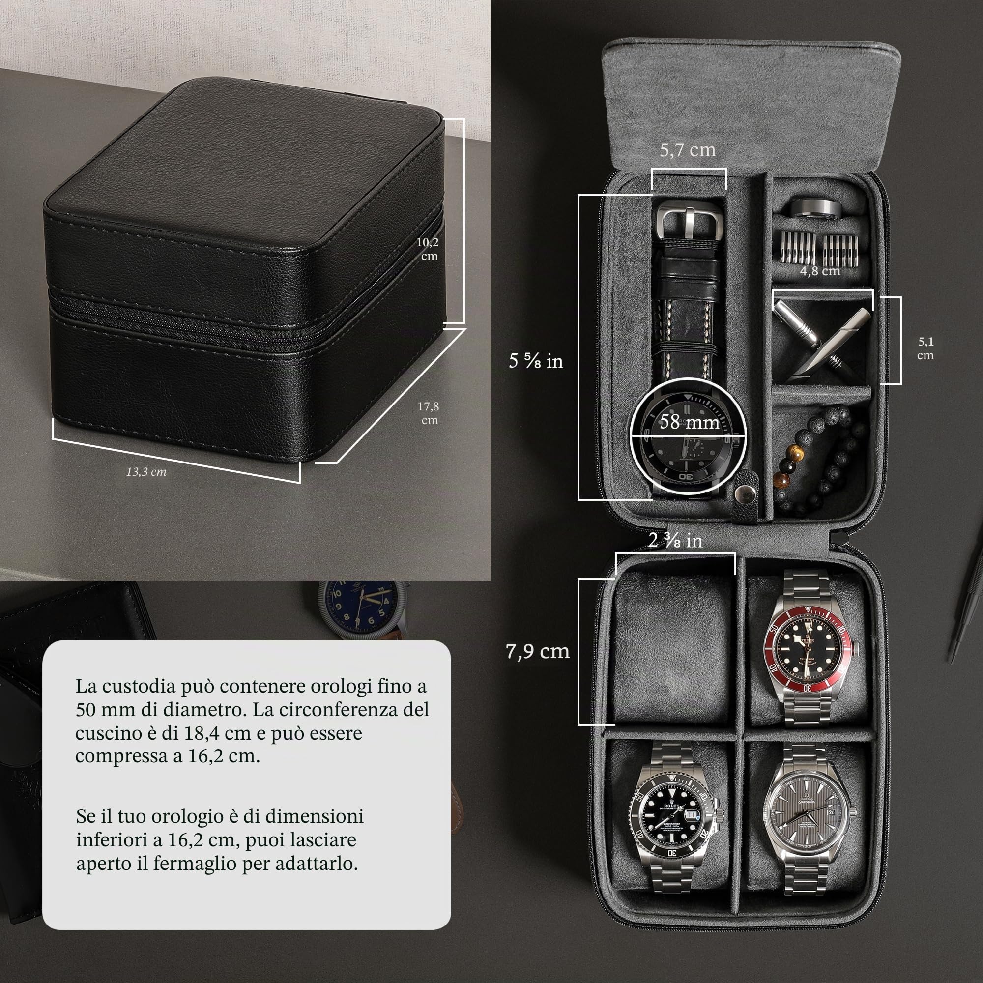ROTHWELL Custodia da viaggio per 5 orologi, custodia per 5 orologi, resistente custodia portatile con cerniera, adatta a tutti gli orologi da polso e orologi intelligenti fino a 50 mm, custodia per
