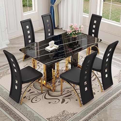 Miniatura 19 de Juego de mesa de comedor negra para 6, juego de mesa de comedor de lujo moderno con patas doradas cromadas, juego de mesa de cocina de mármol 6