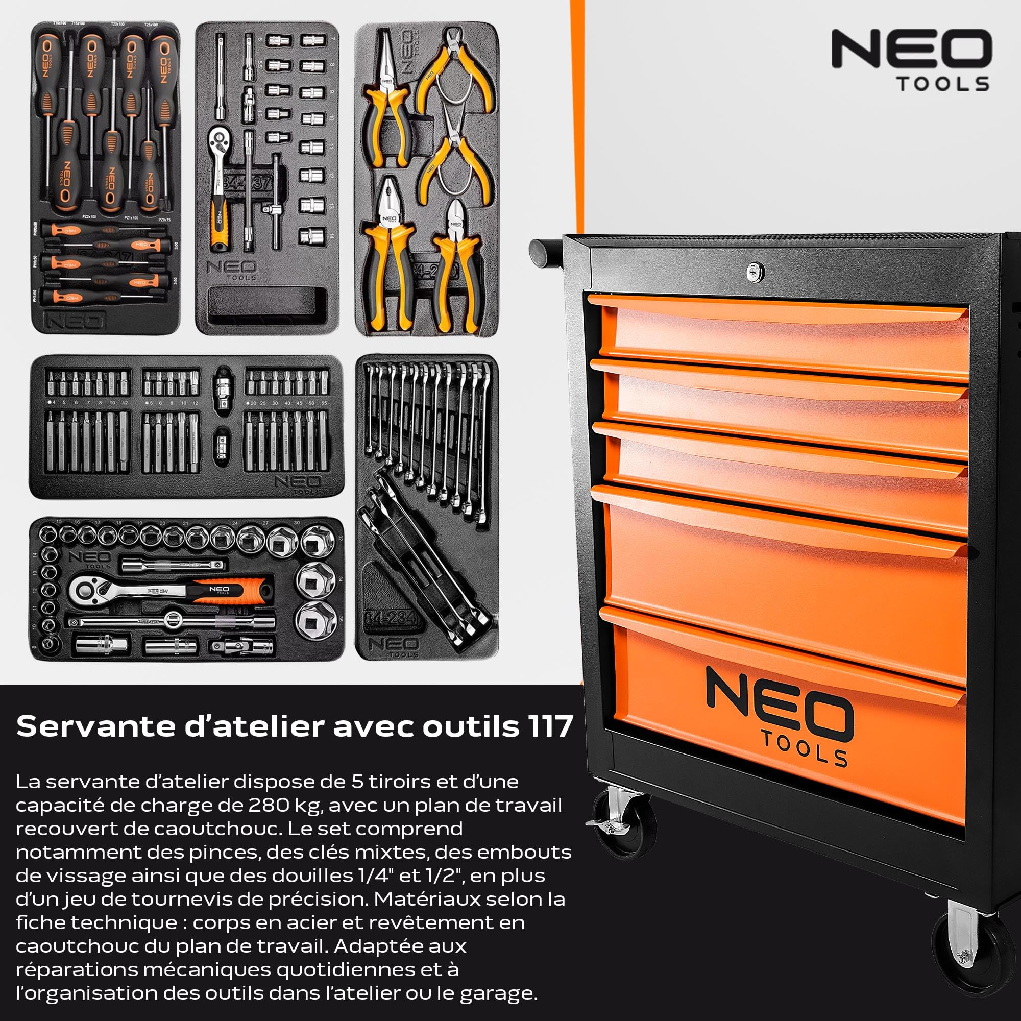NEO TOOLS Servante d'atelier remplie d'outils, 117 pièces, 5 compartiments, tiroirs avec roulement à billes, verrouillable centralement, tapis antidérapant, roues pivotantes, frein de stationnement,