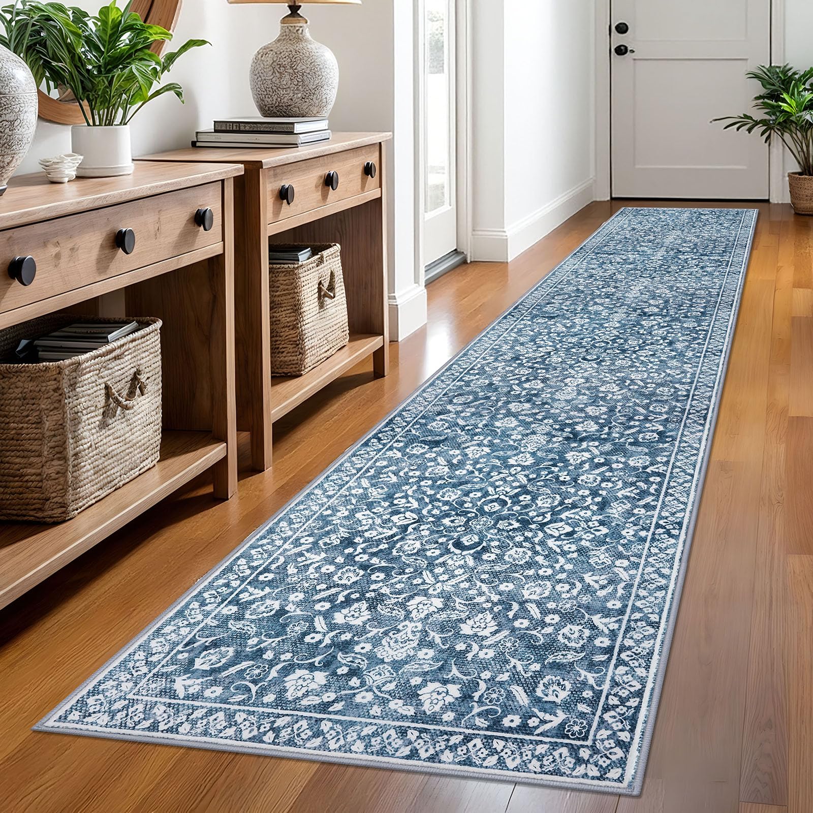 SILOLOOM Vintage 2.6x12 Hallway Runner, Blue and White Washable Non-Slip Long Hallway Carpet, Super Soft Kitchen Runner, Print Faux Wool Floral Thin Carpet for Entryway โ image 1