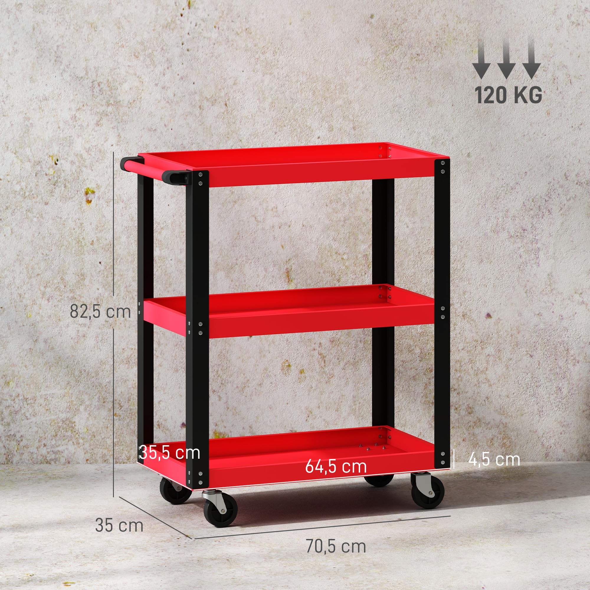 HOMCOM Chariot d'atelier servante Atelier Chariot à Outil à 3 Niveaux, poignée latérale et roulettes verrouillables, pour Garage, entrepôt, Outils de Bricolage, Charge 120 Kg, 70,5x35x82,5cm, Rouge