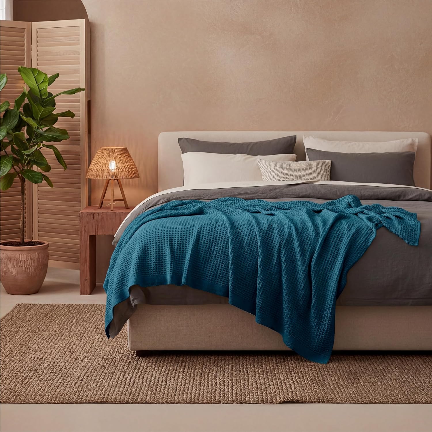 Bedsure 100% Cotton Throw Blanket for Couch 50x70 inches - Cooling Breathable and Soft for Summer, Waffle Weave Throw Blanket for Office, Teal thumbnail