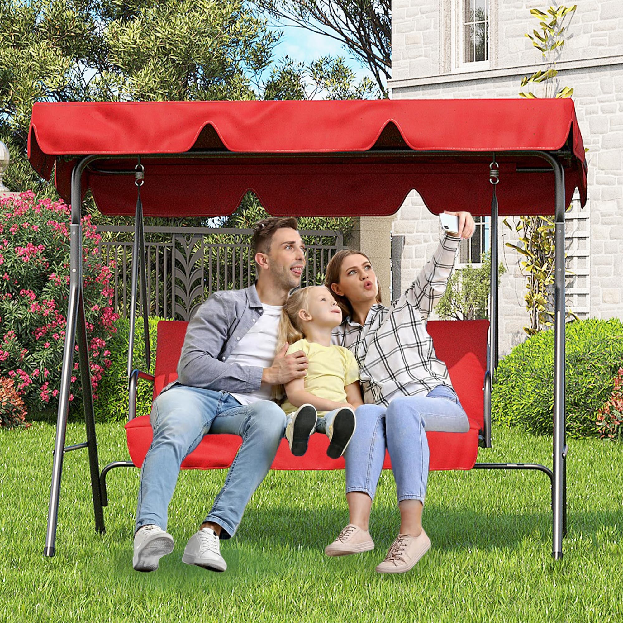Balancelle De Patio 3 Places, Hamac Suspendu De Porche Extérieur Avec Auvent Réglable Et Accoudoirs, Assise Et Dossier En Textilène Respirant, Banc Balancé Pour Jardin, Bord De Piscine, Jardin Arrière