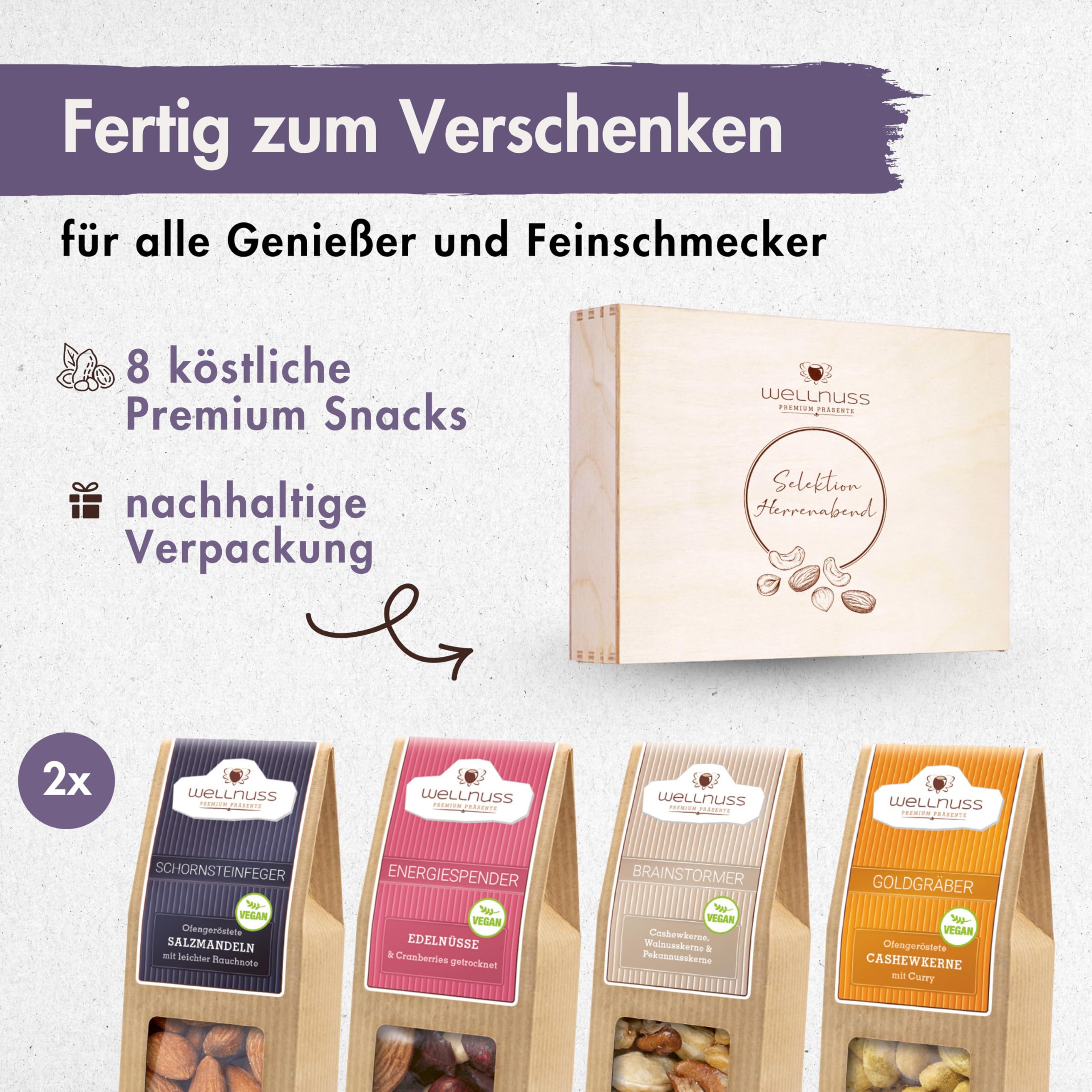 WELLNUSS Geschenkset für Männer Herrenabend mit edlen Nussmischungen 8 Premium Snacks in Birkenholzbox 8x60g Vegan