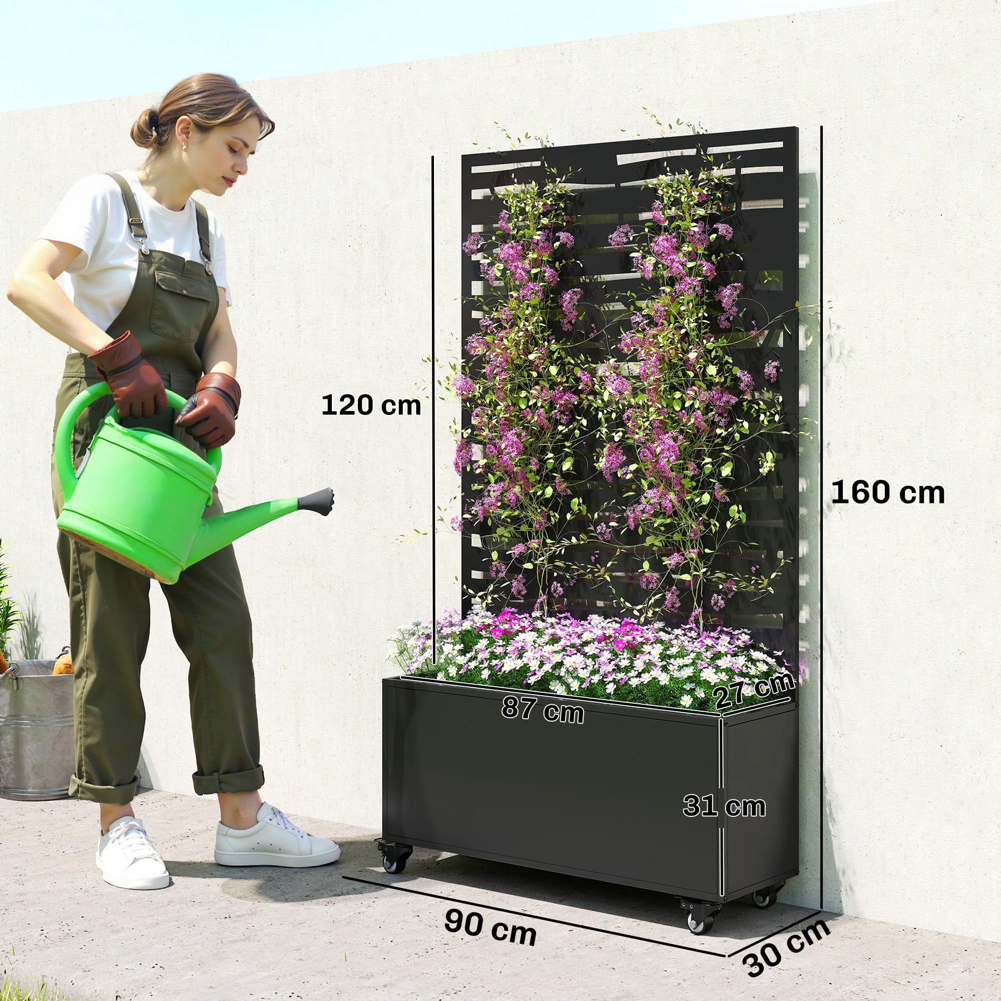 Outsunny Donica na kwiaty z kratką, metalowa donica na kwiaty, podwyższone łóżko z osłoną i kółkami, kratka cięta na rośliny pnące, warzywa, kwiaty, 90 x 30 x 160 cm, czarna