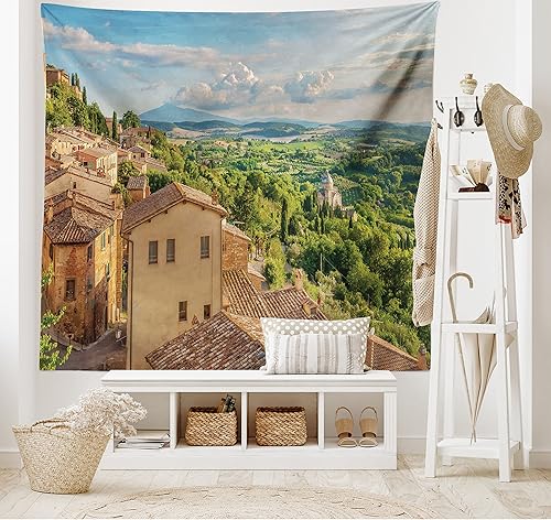 Miniatura 18 de Lunarable Tapiz costero, tumbonas y mar Caribe bajo el parasol naranja, imagen de vacaciones de luna de miel, decoración de tela para colgar