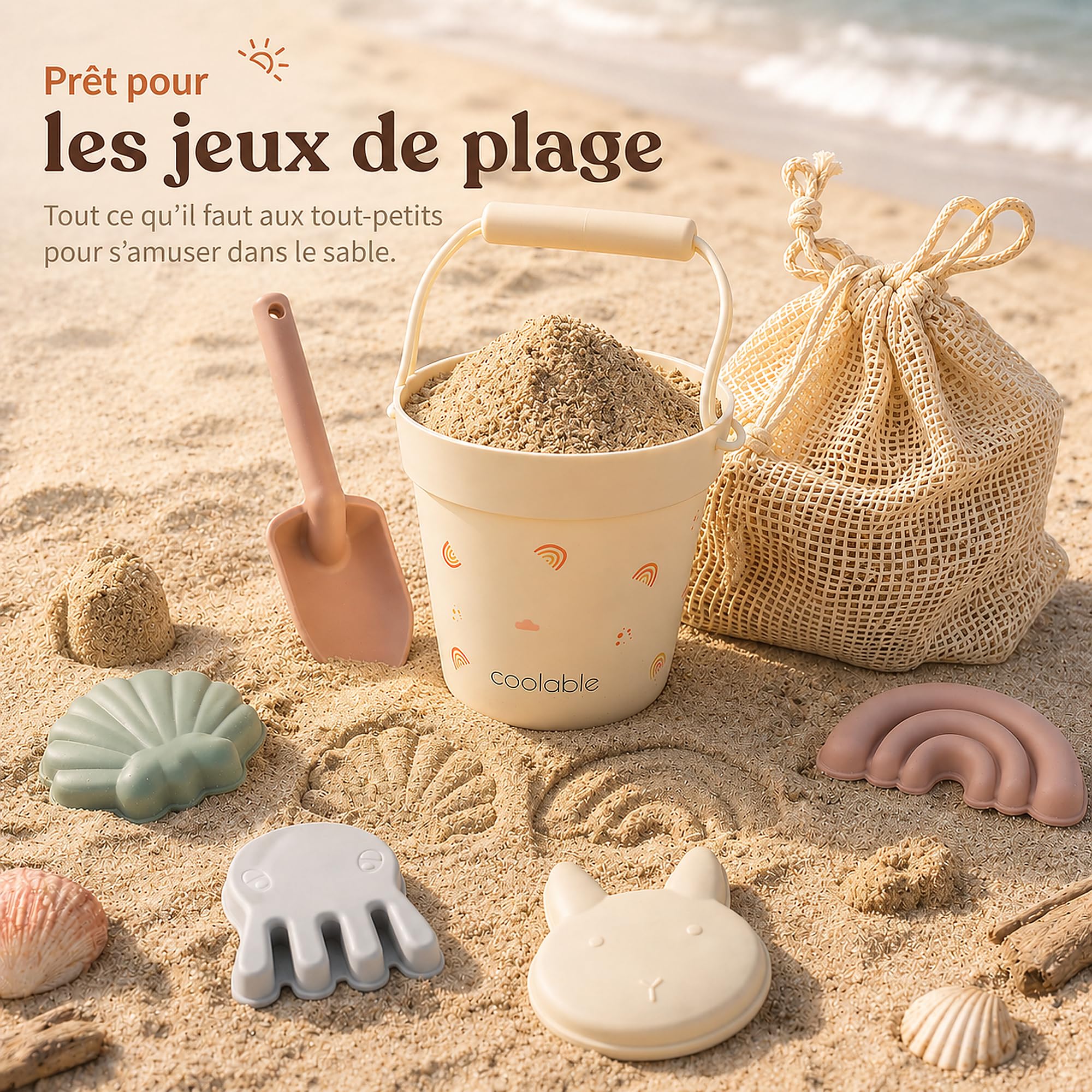 Lot de 6 Jouets de Plage en Silicone pour Enfants - Seau Pliable, Pelle, 4 Moules à Sable et Sac Filet - Arc-en-Ciel