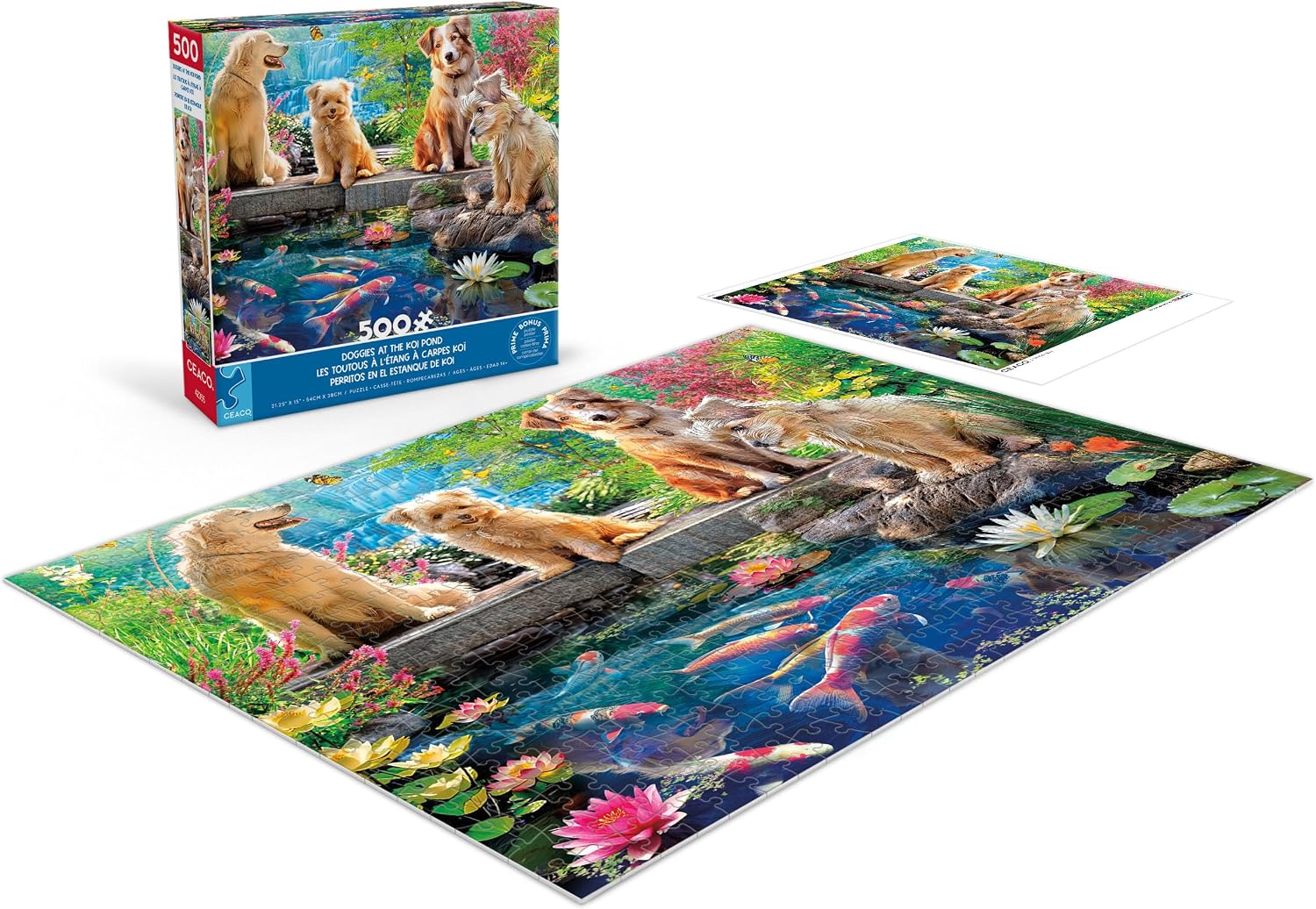 Ceaco - Doggies at the Koi Pond Puzzle 500 Pieces - Jigsaw Puzzles for Adults - Angelo Bonito - Bonus Poster - Made in USA - Recycled Materials - 21.25 x 15 Puzzle