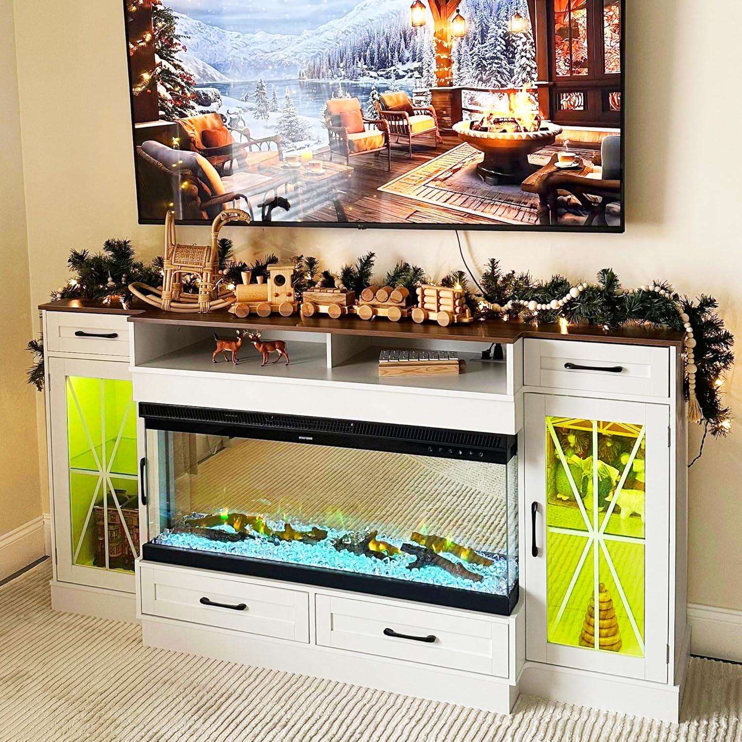 YITAHOME 3-Sided Farmhouse TV Stand, Electric Entertainment Center w/Adjustable Flame & LED Strip, TV Console Table w/Charging Station and 4 Storage Drawers, White