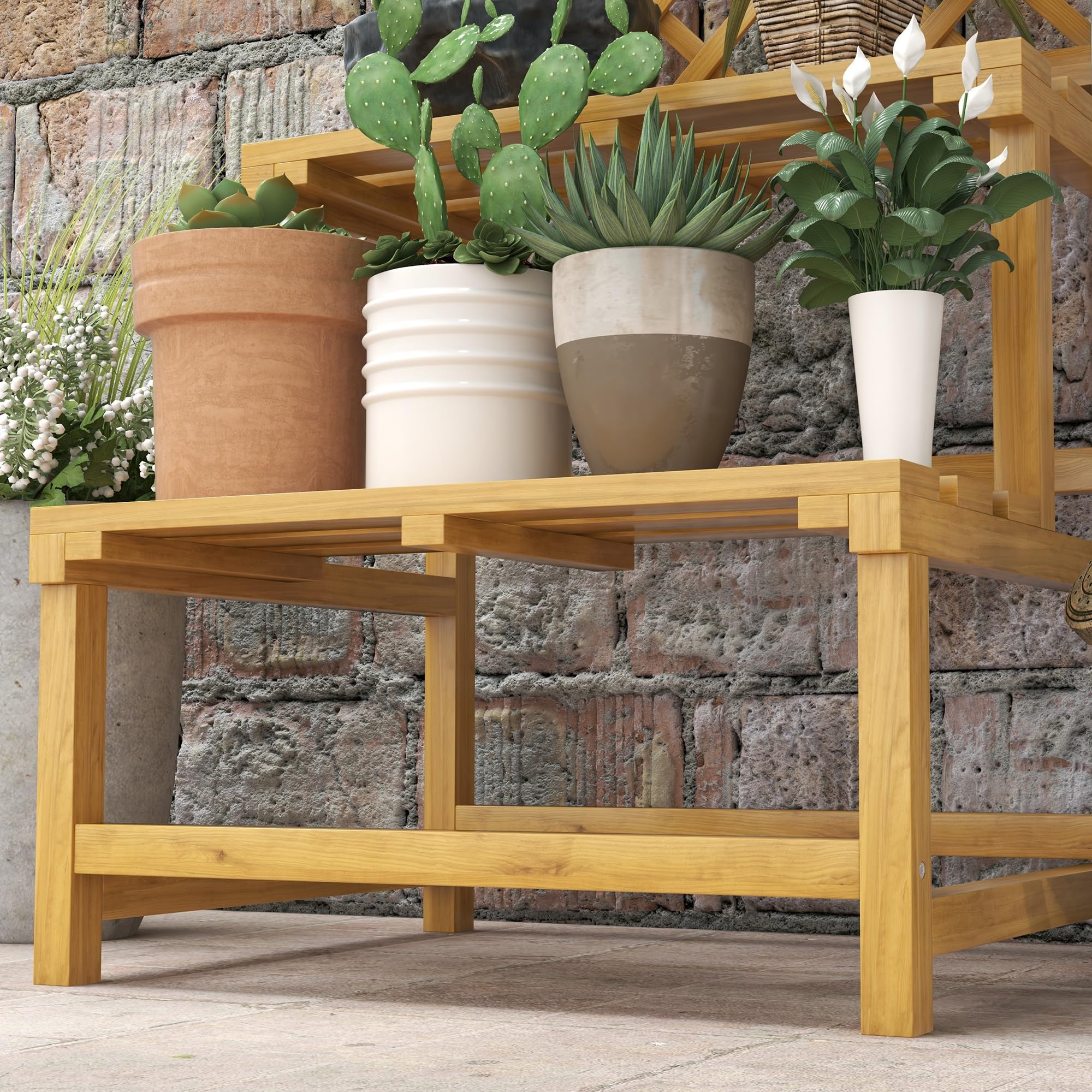 Outsunny Blumentreppe mit Rankhilfe 2 Stufen Dach 60 x 50 x 166 cm Gelb | Pflanzentreppe Für Innen Außen, Holz Blumenständer, Mehrstöckig Blumenregal Für Garten Balkon