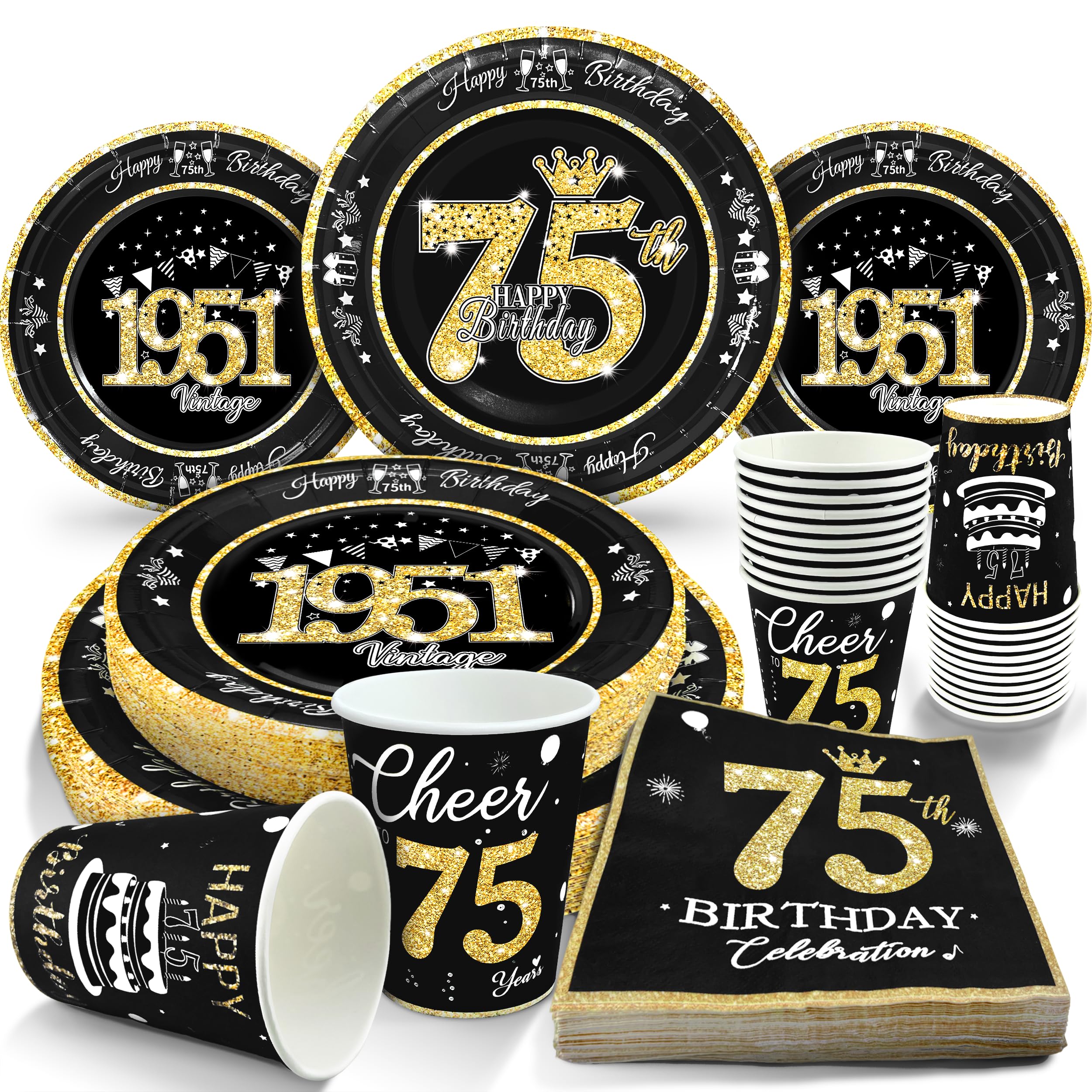 algpty 75th Birthday Decorations Black and Gold, Service for 30, Vintage 75th Birthday Party Supplies Includes Black Vintage 1951 Plates, Napkins,