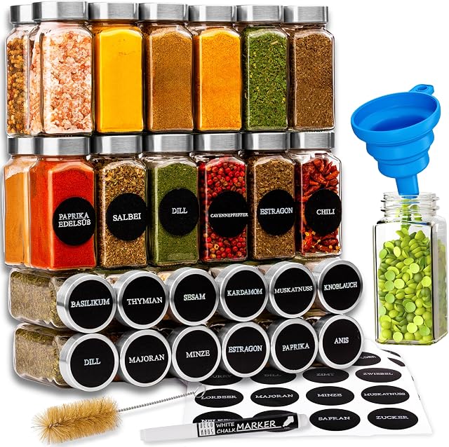 Deco haus® Słoiczki na Przyprawy z Nakrętką - Zestaw 36 sztuk - Różne Nasadki do Wytrząsarek, Lejek, Pędzelek, Etykiety i Kreda - 120 ml, 10,5 x 4,3 cm
