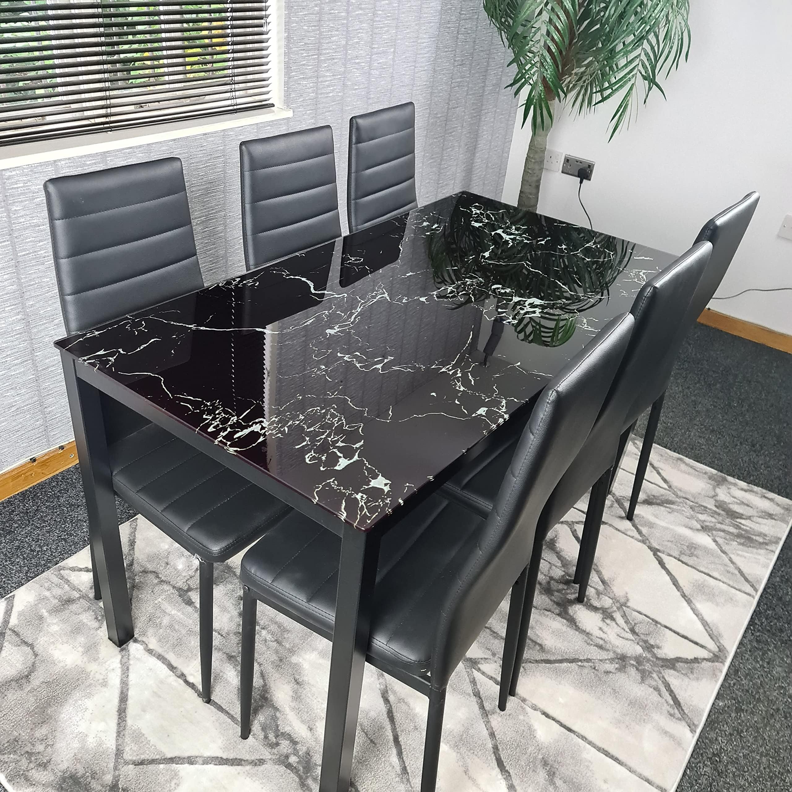 KOSY KOALA Black Marble Effect Dining Table and 6 Black PU Faux Leather ...