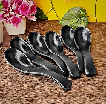 Soup Spoons Melamine Soup Spoon Set of 6 Microwave Safe-Pack of 6/Soup Spoon Spoon Set (14cm)(Matte Black)