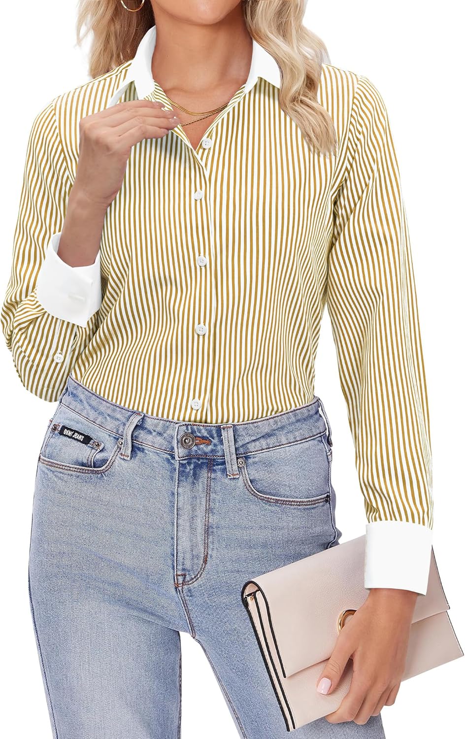 siliteelon Striped Button Down Shirts for Women Dress Shirts Long Sleeve Casual Collared Office Work Blouses Tops