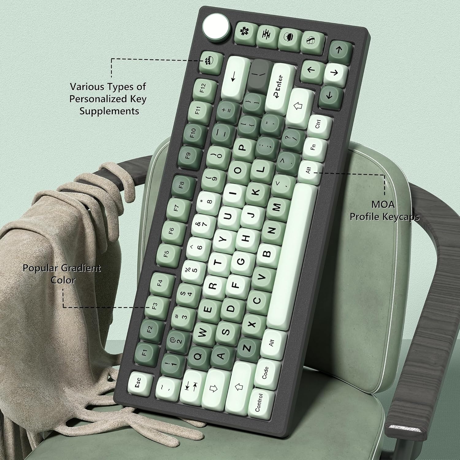 Womier Matcha Keycaps Green, PBT MOA Custom Keyboard Keycaps 60 65 75 100 Percent, Gradient Key Caps Set, 5 Side Dye Sublimation for Cherry Gateron MX Switches Keyboards, Green